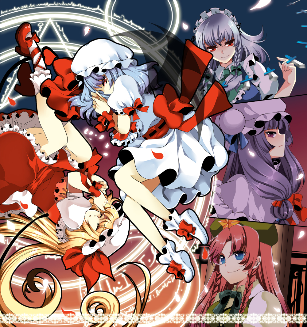 roh nam kyung, flandre scarlet, hong meiling, izayoi sakuya, patchouli knowledge, remilia scarlet, embodiment of scarlet devil, touhou, bad id, bad pixiv id, 5girls, dress, female focus, hat, legs, magic circle, maid, multiple girls, sleeping