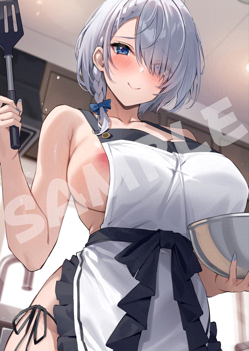 xe (execut3r), original, commentary request, highres, 1girl, apron, areola slip, bare arms, blue bow, blue eyes, blush, bow, bowl, braid, breasts, ceiling, closed mouth, faucet, grey hair, hair bow, hair over one eye, holding, holding bowl, holding spatula, indoors, large breasts, looking at viewer, naked apron, sample watermark, smile, solo, spatula, standing, watermark, white apron