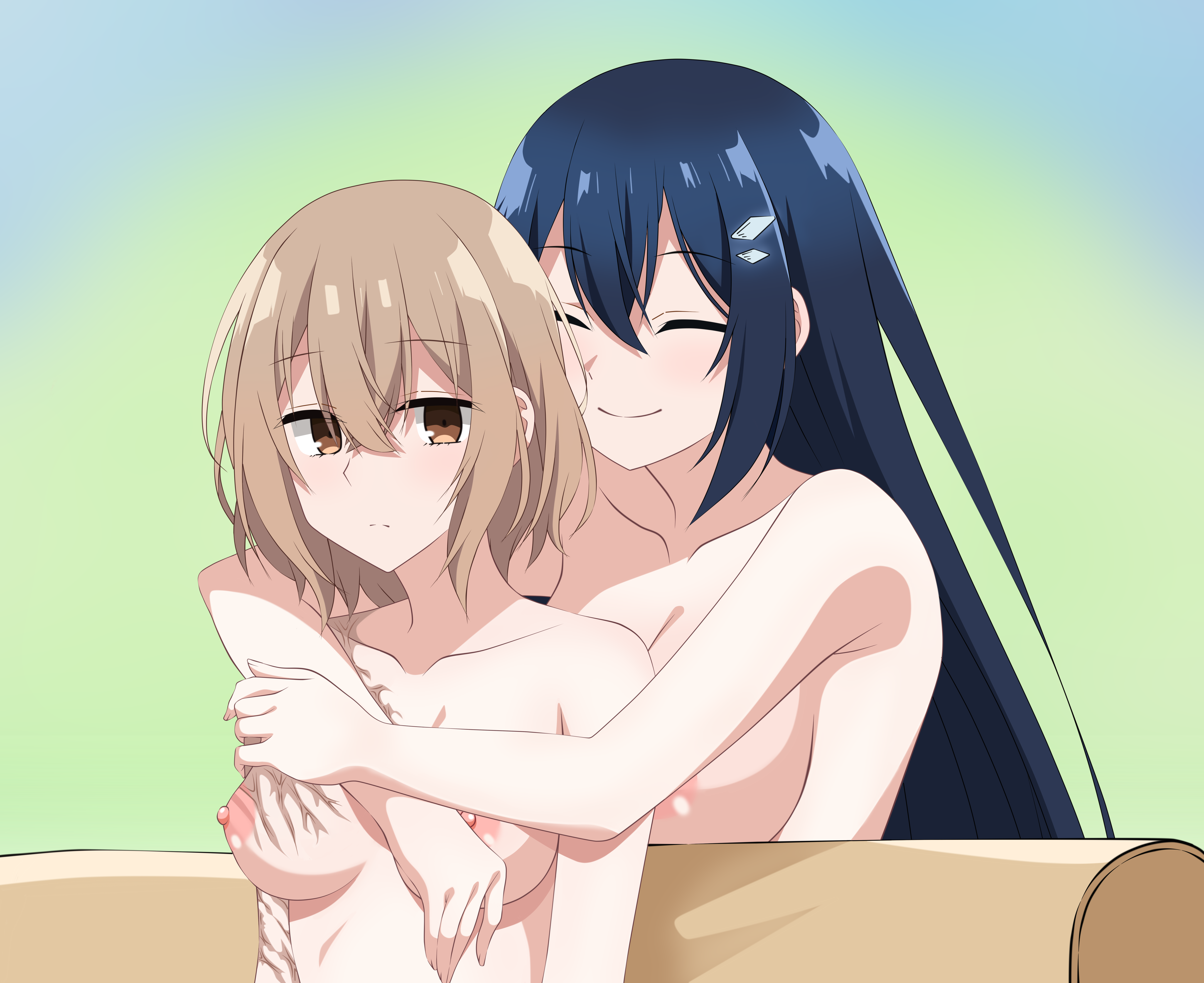 kiniro tofu, oumi shiori, yaotose hinako, watashi wo tabetai hitodenashi, absurdres, commentary, highres, 2girls, blue hair, breasts, brown eyes, brown hair, closed eyes, closed mouth, expressionless, green background, hug, hug from behind, large breasts, long hair, multiple girls, nipples, nude, scar, scar on arm, scar on breasts, smile, upper body, yuri