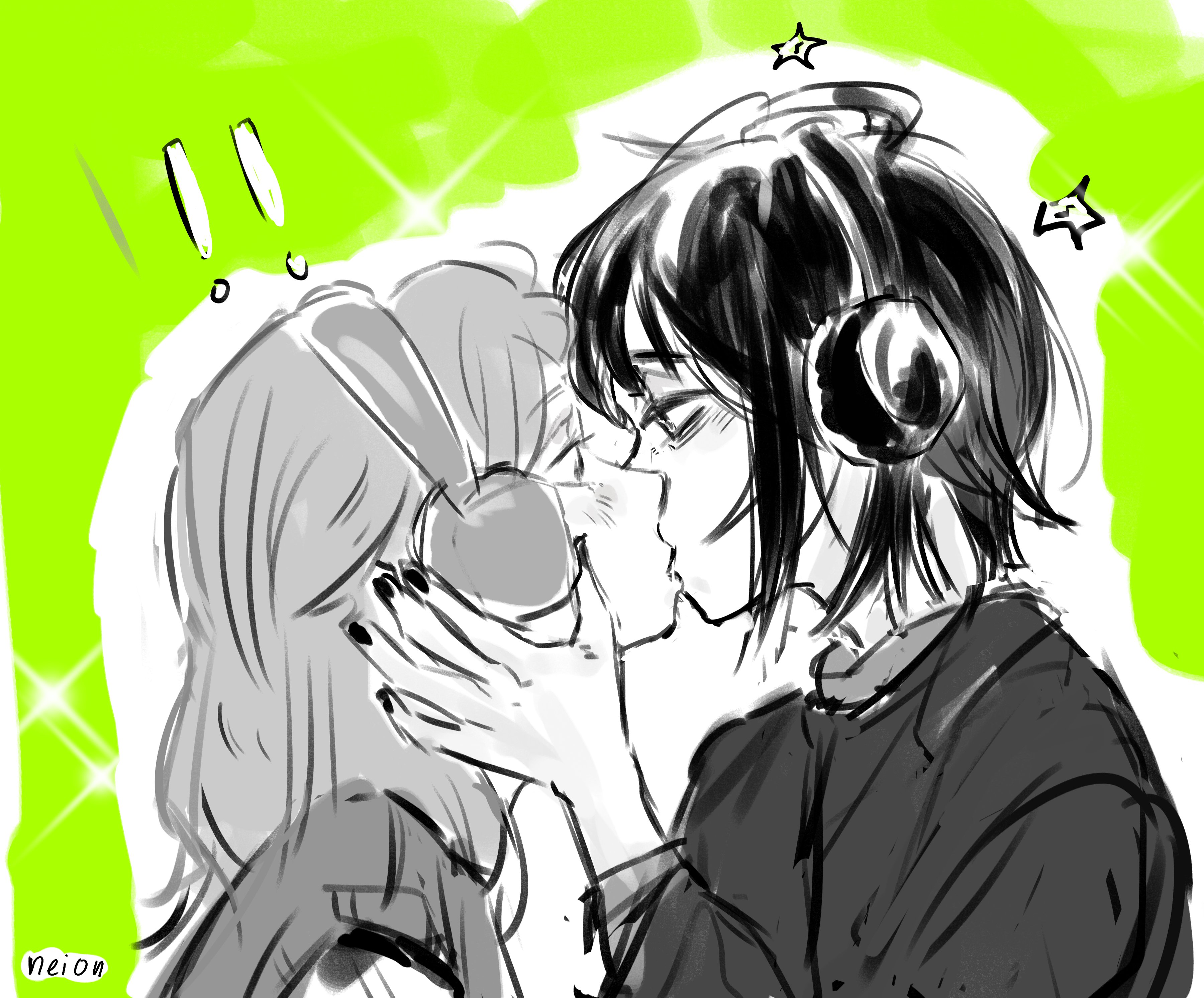 neionzero, koga mitsuki, oosawa aya, kininatteru hito ga otoko ja nakatta, absurdres, commentary, english commentary, highres, photo-referenced, !, !!, 2girls, blush, eye contact, greyscale with colored background, headphones, long hair, long sleeves, looking at another, multiple girls, nail polish, short hair, upper body, yuri