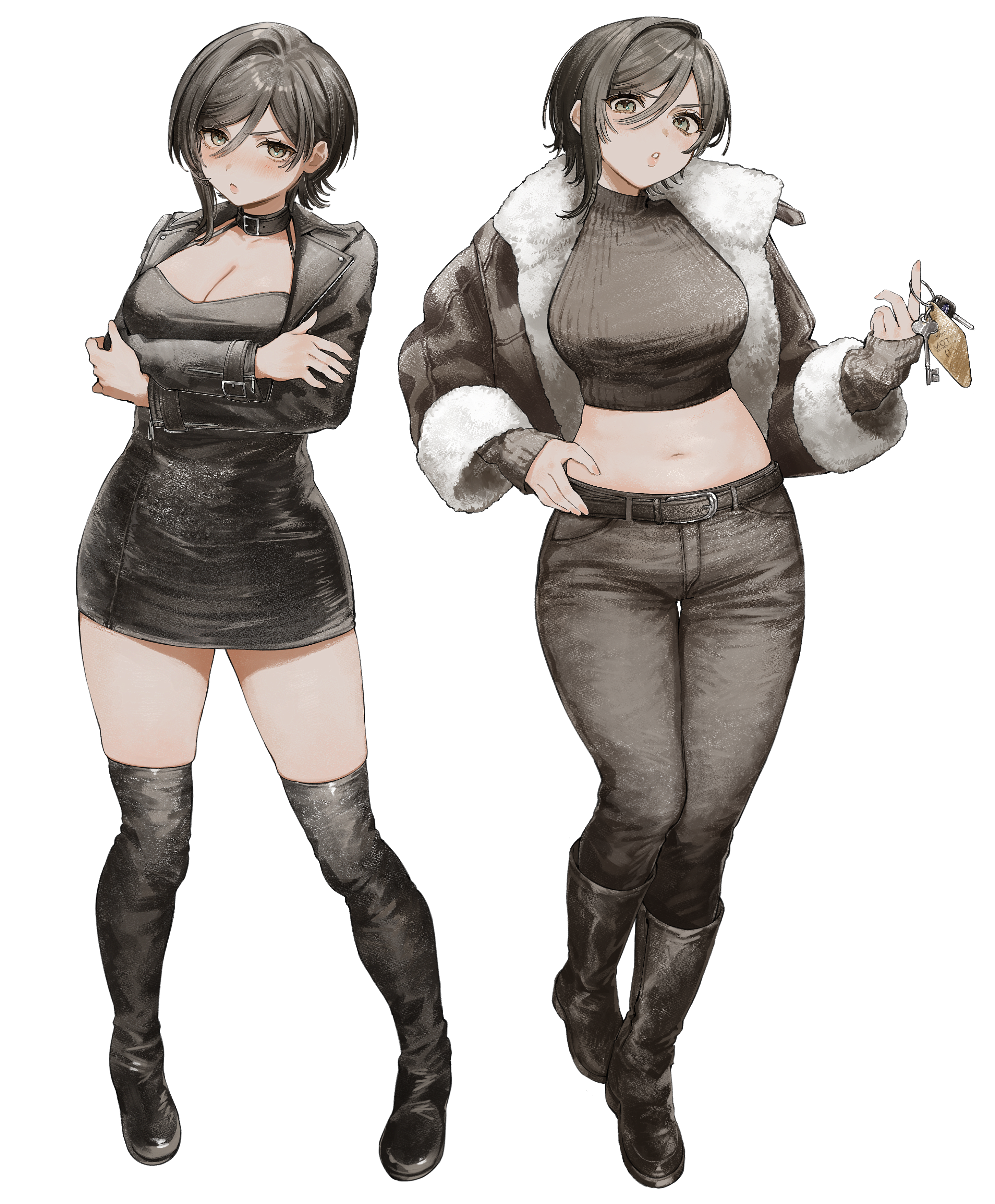 mesiellar, original, absurdres, commentary request, highres, 1girl, belt, black belt, black boots, black choker, black dress, black jacket, boots, breasts, choker, cleavage, crop top, crossed arms, dress, flipped hair, full body, fur-trimmed jacket, fur trim, grey eyes, grey hair, grey pants, grey shirt, grey theme, hair between eyes, hand on own hip, holding, holding key, jacket, key, long sleeves, looking at viewer, medium breasts, multiple views, pants, shirt, short dress, short hair, simple background, single sidelock, sleeves past wrists, thigh boots, turtleneck, white background, yulia (mesiellar)