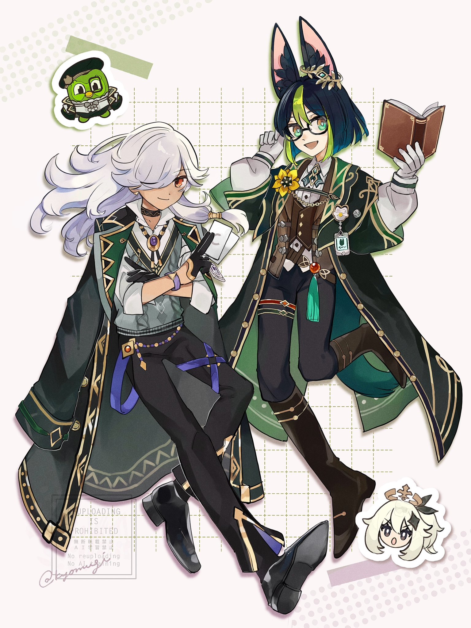 cyno (genshin impact), duo (duolingo), tighnari (genshin impact), duolingo, genshin impact, commentary request, highres, animal ear fluff, animal ears, black choker, black coat, black gloves, black hair, black jacket, black pants, book, brown vest, choker, closed mouth, coat, cyno (duolingo) (genshin impact), fox boy, fox ears, glasses, gloves, green hair, hair between eyes, holding, holding book, jacket, long hair, long sleeves, male focus, mugi (kyom ugi), multicolored hair, multiple boys, open mouth, orange eyes, pants, short hair, tighnari (duolingo) (genshin impact), vest, white gloves, white hair