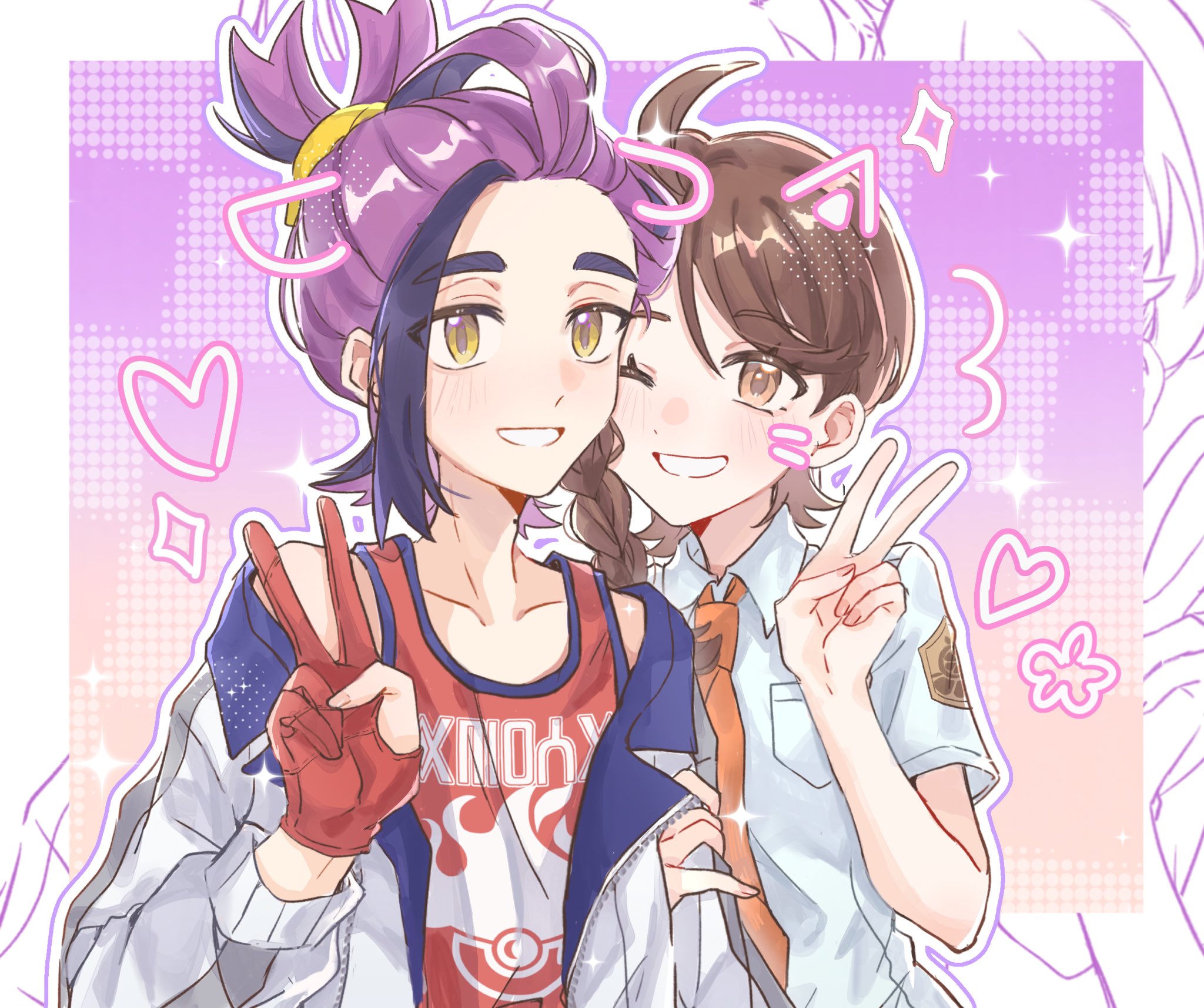 haruarashi74, juliana (pokemon), kieran (pokemon), nintendo, pokemon, pokemon sv, commentary request, highres, 1boy, 1girl, black hair, blush, brown eyes, brown hair, collared shirt, drawn ears, gloves, grin, heart, hetero, jacket, long sleeves, looking at viewer, naranja academy school uniform, one eye closed, partially fingerless gloves, purple hair, red tank top, school uniform, shirt, short sleeves, smile, tank top, upper body, v, white shirt, yellow eyes