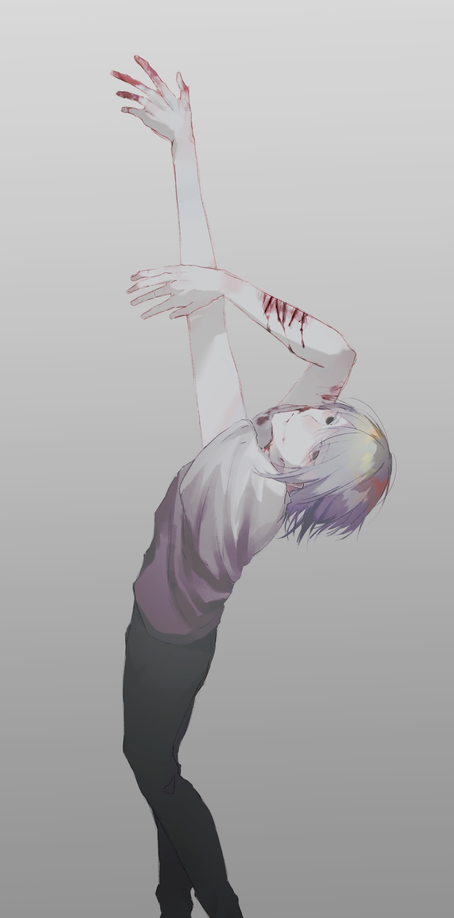 original, absurdres, commentary, highres, 1boy, black eyes, black pants, bleeding, blood, blood in hair, blood on arm, blood on face, blood on hands, blood on neck, bruise, bruise on face, deep wound, facing to the side, full body, gradient background, grey background, grey hair, grey shirt, injury, leaning back, looking ahead, looking back, male focus, outstretched arms, pants, saliva, saliva trail, scar, self-harm, self-harm scar, shirt, user pjef7752, walking