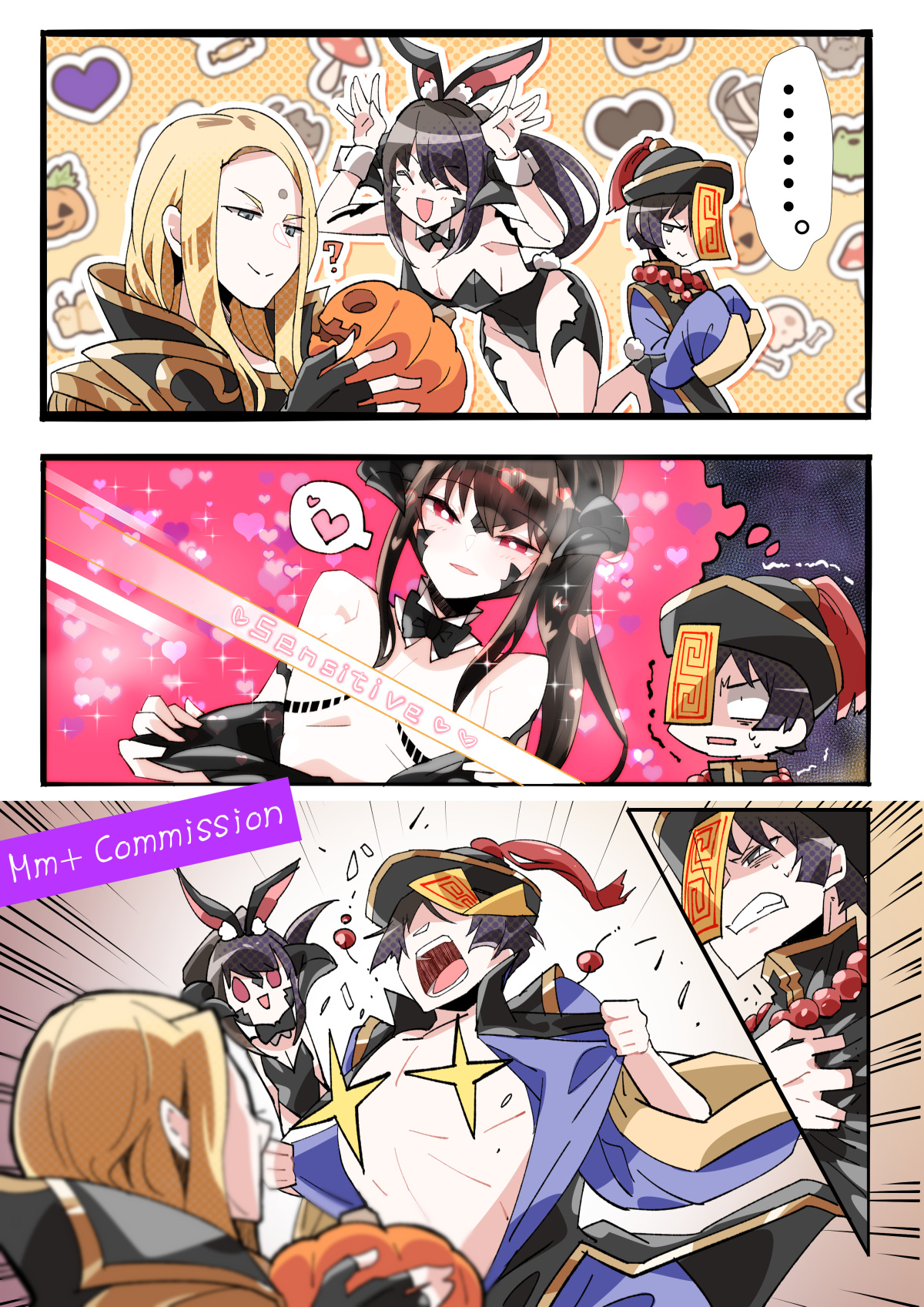 mumu (bloody johnson), asahi sas brutus, garlean, zenos yae galvus, final fantasy, final fantasy xiv, commentary, commission, commissioner upload, english commentary, highres, skeb commission, 1other, 2boys, animal ears, au ra, black hair, black horns, black scales, bowl cut, dragon horns, gloves, halloween, high ponytail, holding, horns, hyur, izumi tol amulius, jack-o'-lantern, jiangshi costume, long hair, multiple boys, open mouth, playboy bunny, ponytail, rabbit ears, scales, short hair, smile