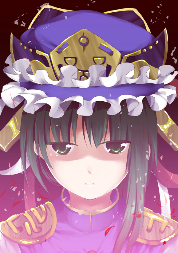 curry man, shiki eiki, touhou, 1girl, asymmetrical hair, close-up, female focus, green eyes, green hair, hat, matching hair/eyes, portrait, solo