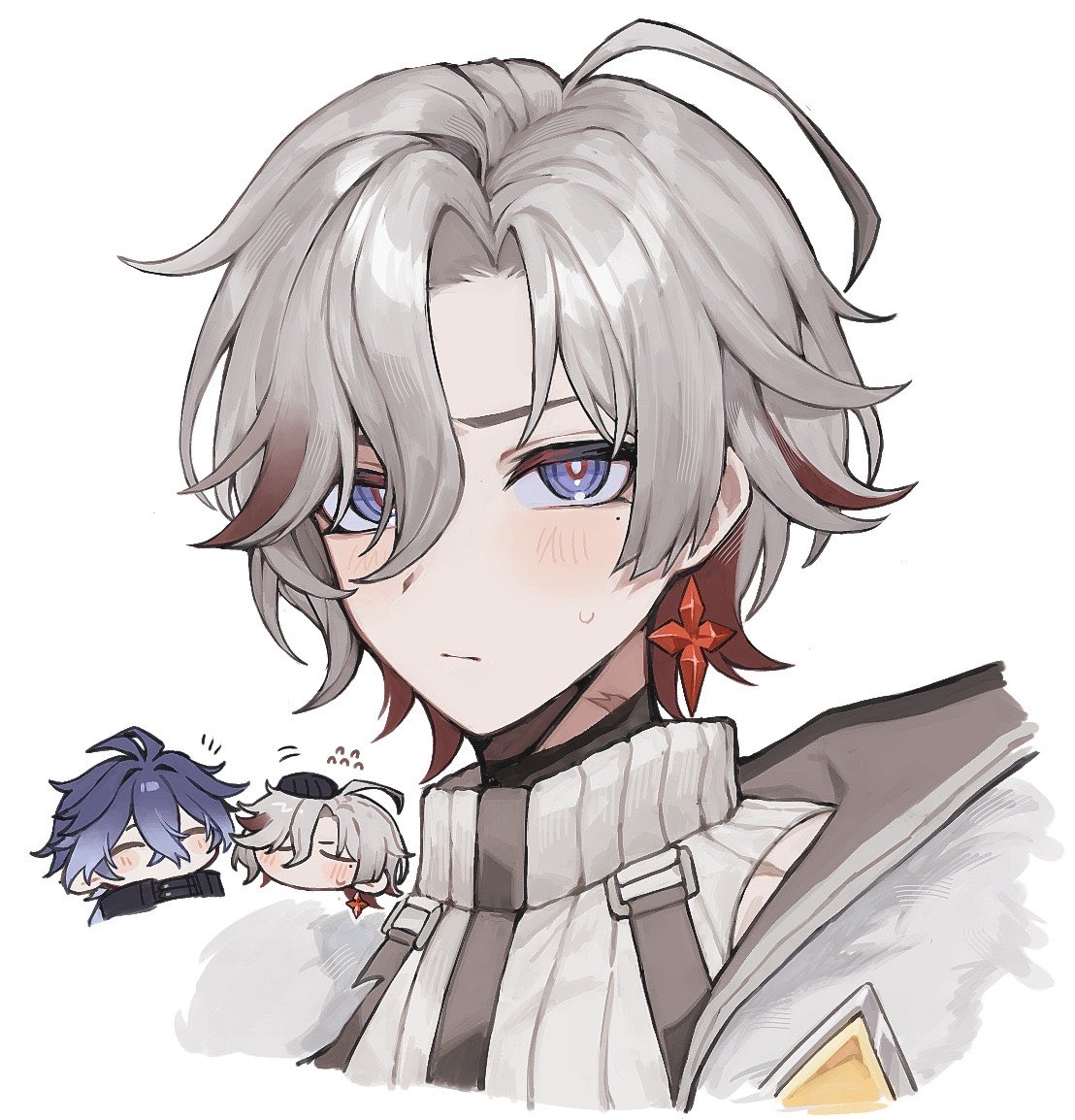 nana668, flins (genshin impact), illuga (genshin impact), genshin impact, black gloves, blush, chibi, chibi inset, closed mouth, earrings, flying sweatdrops, gloves, grey hair, hair between eyes, hand on another's head, jewelry, looking at viewer, male focus, mole, mole under eye, multicolored hair, multiple boys, multiple views, red hair, scar, scar on neck, simple background, single earring, solo focus, turtleneck, upper body, white background