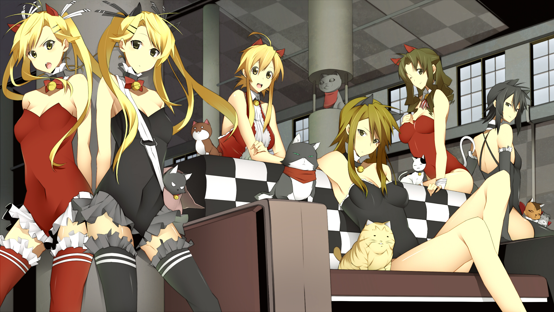 nanao (mahaya), ichinose nagi, josephine (nyan koi), kirishima akari, kirishima kotone, mizuno kaede, mochizuki chizuru, noir (nyan koi), nyamsas, sumiyoshi kanako, tama (nyan koi), nyan koi!, bad id, bad pixiv id, highres, 00s, 6+girls, animal ears, black leotard, blonde hair, brown hair, cat, cat ears, kittysuit, legs, leotard, long hair, multiple girls, nontraditional playboy bunny, open mouth, red leotard, siblings, sisters, thighhighs, too many, too many cats, twins, twintails