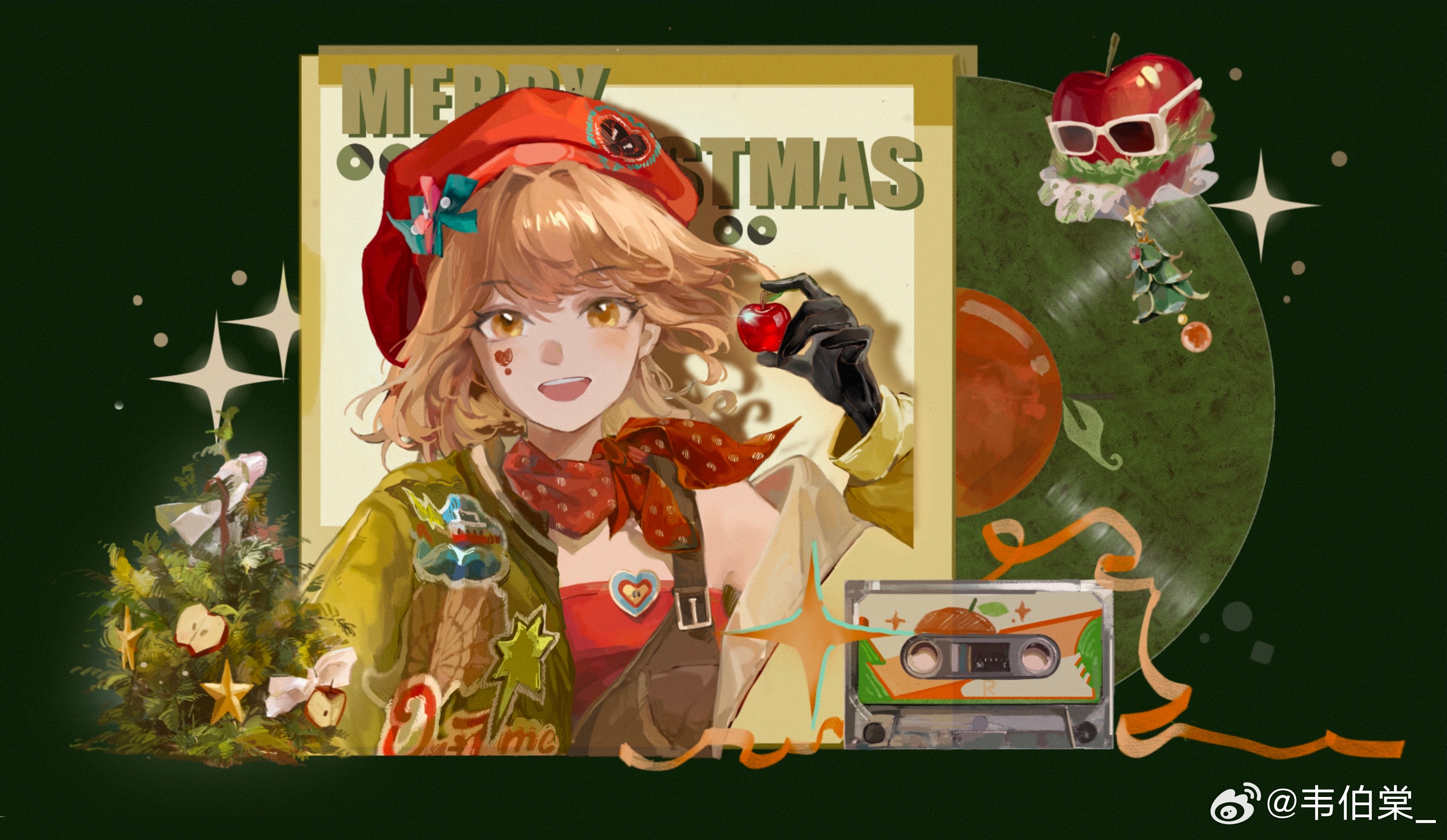 weibo tang, apple (reverse:1999), regulus (reverse:1999), reverse:1999, absurdres, highres, 1girl, :d, apple, beret, black gloves, brown hair, cassette tape, cherry, christmas tree, facial mark, food, fruit, gloves, green background, green jacket, hand up, hat, heart, heart facial mark, holding, holding food, holding fruit, jacket, merry christmas, neckerchief, open mouth, orange eyes, red hat, red neckerchief, red tube top, short hair, smile, solo, sparkle, strapless, sunglasses, tube top, upper body, vinyl record, watermark, weibo watermark