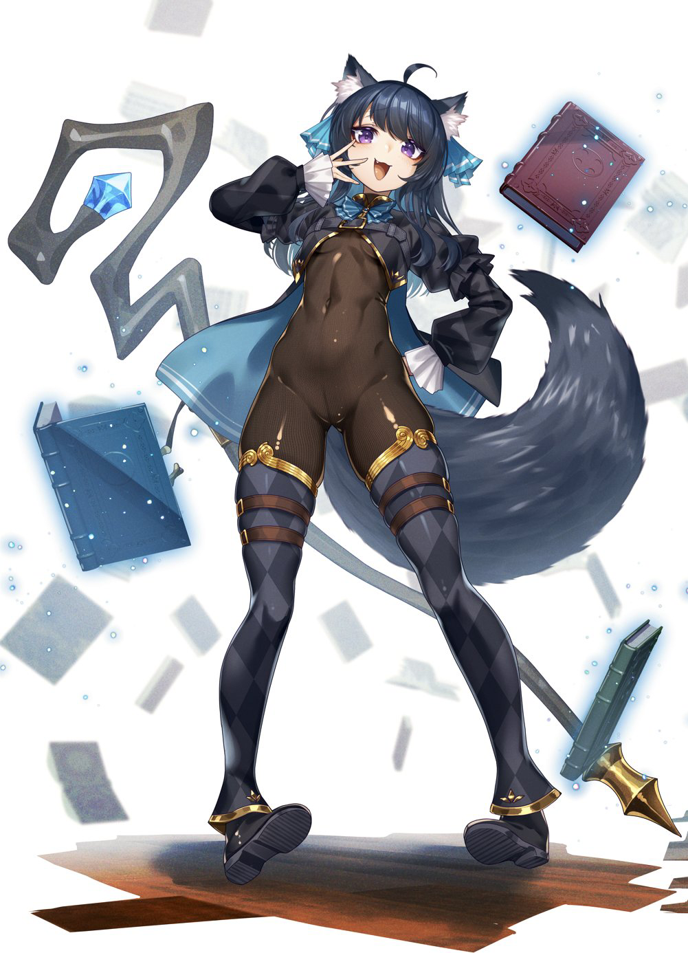 cluseller, svartlilja (vrchat), original, vrchat, commentary request, commission, highres, skeb commission, 1girl, animal ear fluff, animal ears, argyle clothes, argyle shirt, argyle thighhighs, black hair, black shoes, blue ribbon, bodystocking, book, breasts, chest belt, covered navel, floating, floating book, floating object, floating weapon, full body, gold trim, hair ribbon, levitation, long hair, long sleeves, looking at viewer, mage staff, open book, open mouth, purple eyes, ribbon, see-through bodystocking, shoes, small breasts, smile, solo, staff, tail, telekinesis, wolf ears, wolf girl, wolf tail