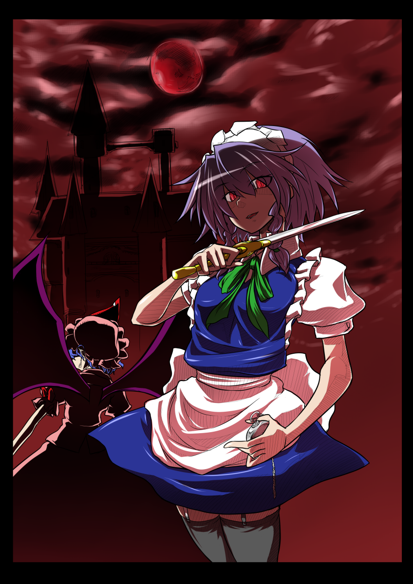 jin kashiwagi, izayoi sakuya, remilia scarlet, touhou, black legwear, highres, 2girls, dagger, female focus, holding, holding weapon, knife, looking at viewer, maid headdress, multiple girls, puffy short sleeves, puffy sleeves, red eyes, short sleeves, standing, thighhighs, weapon, zettai ryouiki