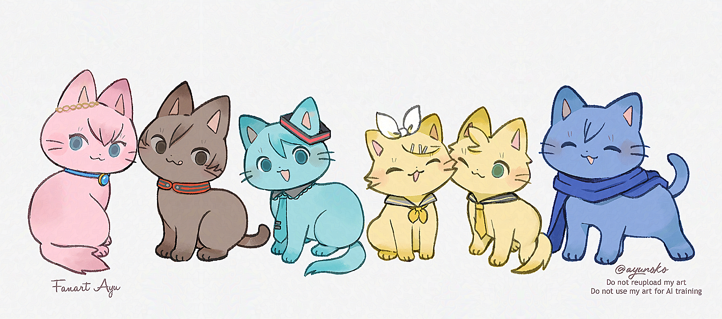 ayu (mog), blue cat, hatsune miku, kagamine len, kagamine rin, kaito (vocaloid), megurine luka, meiko (vocaloid), vocaloid, commentary request, highres, :3, :p, ^ ^, animal, animalization, aqua cat, aqua eyes, aqua necktie, black sailor collar, blue choker, blue eyes, blue scarf, blush stickers, bow, brooch, brown cat, brown eyes, cat, choker, closed eyes, clothed animal, detached collar, dot nose, gold hairband, green eyes, grey sailor collar, hair between eyes, hair bow, hair ornament, hairband, hairclip, happy, jewelry, light blush, lineup, neckerchief, necktie, no humans, nuzzle, parted bangs, parted lips, pink cat, red choker, sailor collar, scarf, signature, simple background, swept bangs, tie clip, tongue, tongue out, twitter username, white background, white bow, yellow cat, yellow neckerchief, yellow necktie