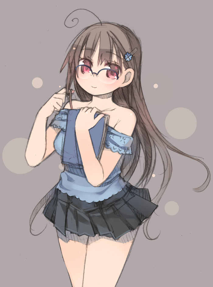 kashiwamochi yomogi, arima senne, original, ahoge, book, brown hair, glasses, hair ornament, hairclip, long hair, red eyes, skirt, solo, tareme
