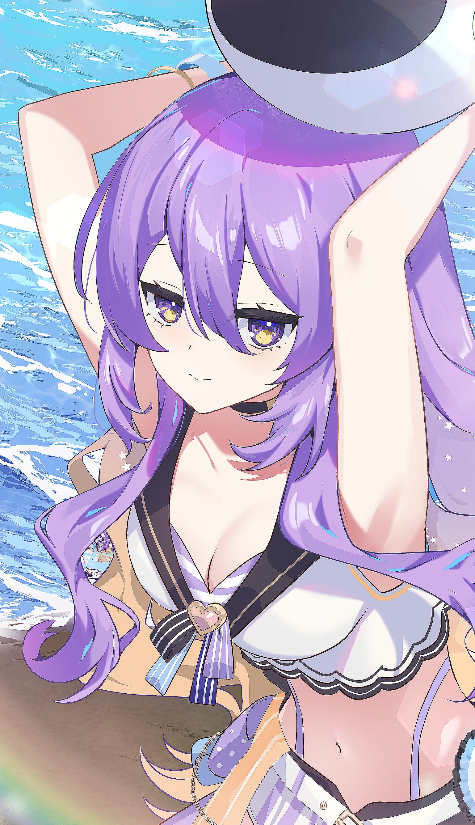 nyori, moona hoshinova, hololive, hololive indonesia, absurdres, commentary request, highres, 1girl, arms up, ball, beach, beachball, bikini, black choker, blonde hair, breasts, choker, cleavage, closed mouth, colored inner hair, double-parted bangs, front-tie bikini top, front-tie top, gradient eyes, gradient hair, hair between eyes, highleg, highleg bikini, holding, holding ball, holding beachball, hololive summer 2023 swimsuit, large breasts, layered bikini, long hair, looking at viewer, multicolored eyes, multicolored hair, official alternate costume, purple eyes, purple hair, smile, solo, starry hair, striped bikini, striped clothes, swimsuit, two-tone hair, virtual youtuber, yellow eyes