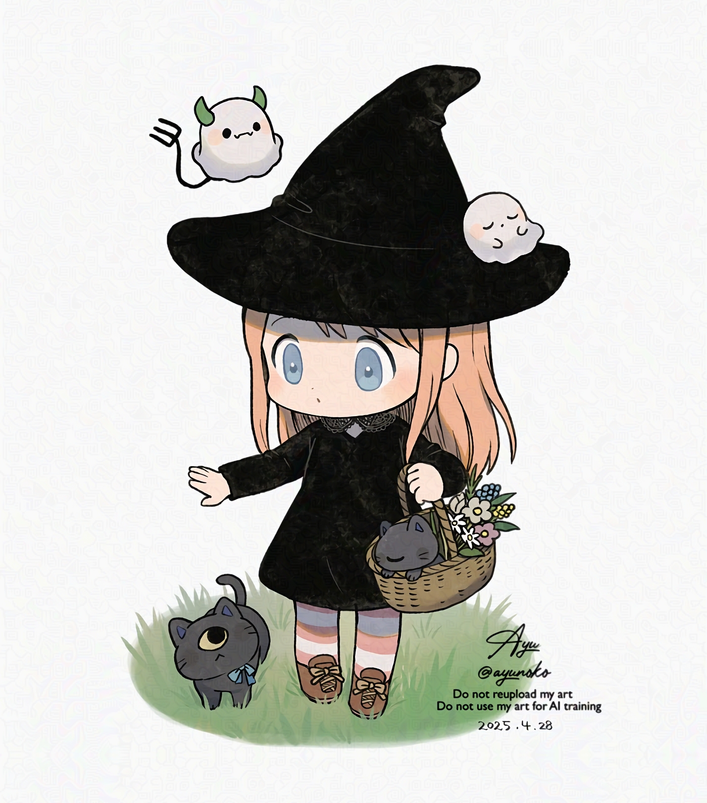 ayu (mog), original, commentary, highres, 1girl, basket, black cat, black dress, black hat, blue eyes, brown shoes, cat, chibi, chibi only, closed mouth, dated, dress, full body, ghost, grass, hat, holding, holding basket, long hair, long sleeves, one-eyed, orange hair, pantyhose, red pantyhose, shoes, signature, simple background, solo, standing, striped clothes, striped pantyhose, watermark, white background, witch hat