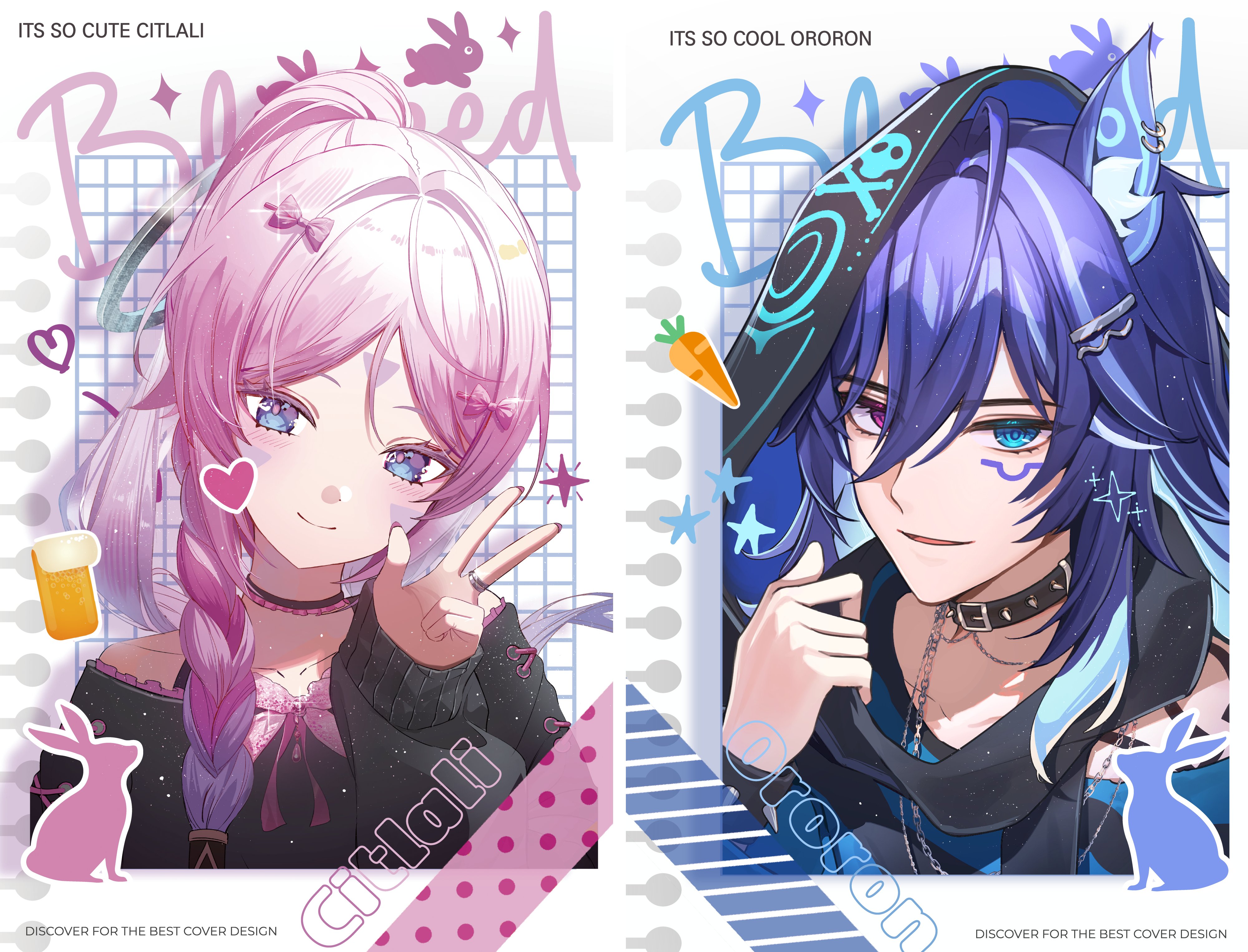 isobe47, citlali (genshin impact), ororon (genshin impact), genshin impact, absurdres, commentary, highres, symbol-only commentary, 1boy, 1girl, animal ear fluff, animal ears, bat ears, black collar, black hood, black sweater, blue eyes, blue hair, blush, braid, closed mouth, collar, earrings, facial mark, hair between eyes, heterochromia, hood, hood up, jewelry, long hair, long sleeves, open mouth, pink eyes, pink hair, smile, spiked collar, spikes, sweater, triangle, triangle facial mark, w