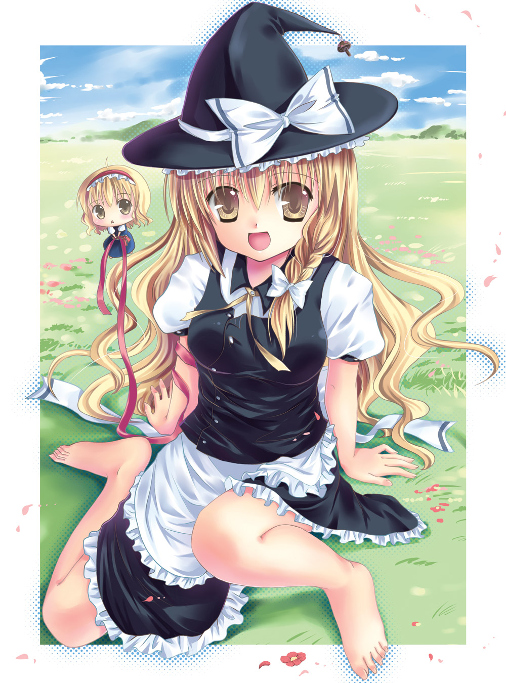 hanahanamaki, alice margatroid, kirisame marisa, touhou, bad id, bad perspective, bad pixiv id, highres, 2girls, bad anatomy, bad proportions, barefoot, blonde hair, braid, chibi, feet, female focus, hat, long hair, multiple girls, poorly drawn, short hair, witch, witch hat, yellow eyes