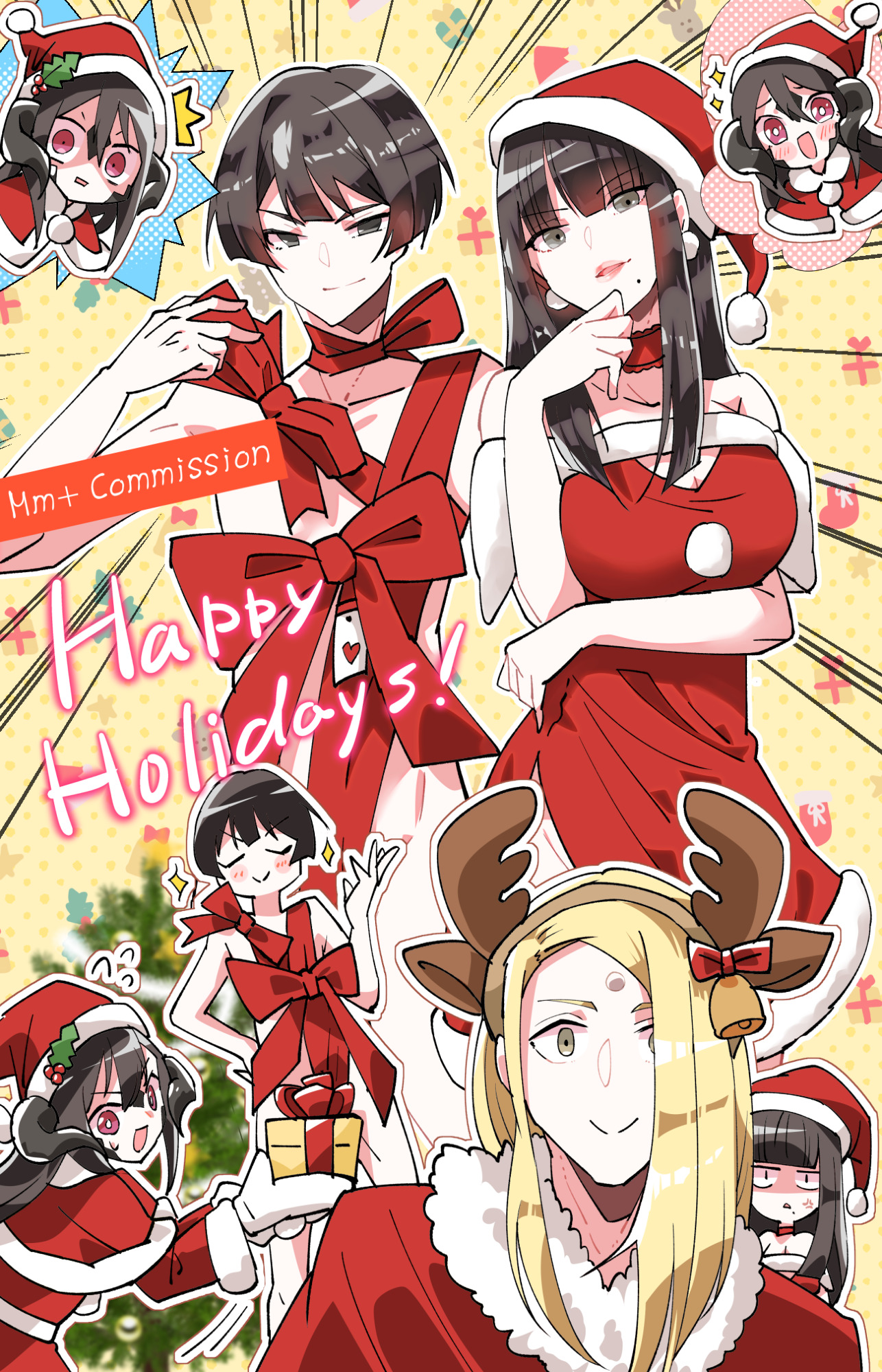 mumu (bloody johnson), asahi sas brutus, garlean, yotsuyu goe brutus, zenos yae galvus, final fantasy, final fantasy xiv, commentary, commission, commissioner upload, english commentary, highres, skeb commission, 1girl, 1other, 2boys, animal ears, antlers, au ra, bell, black hair, black horns, black scales, blonde hair, bowl cut, christmas, christmas tree, deer ears, dragon horns, dress, gift, gloves, hat, horns, hyur, izumi tol amulius, long hair, multiple boys, open mouth, red eyes, reindeer antlers, ribbon around body, santa costume, santa dress, santa hat, scales, short hair, sparkle