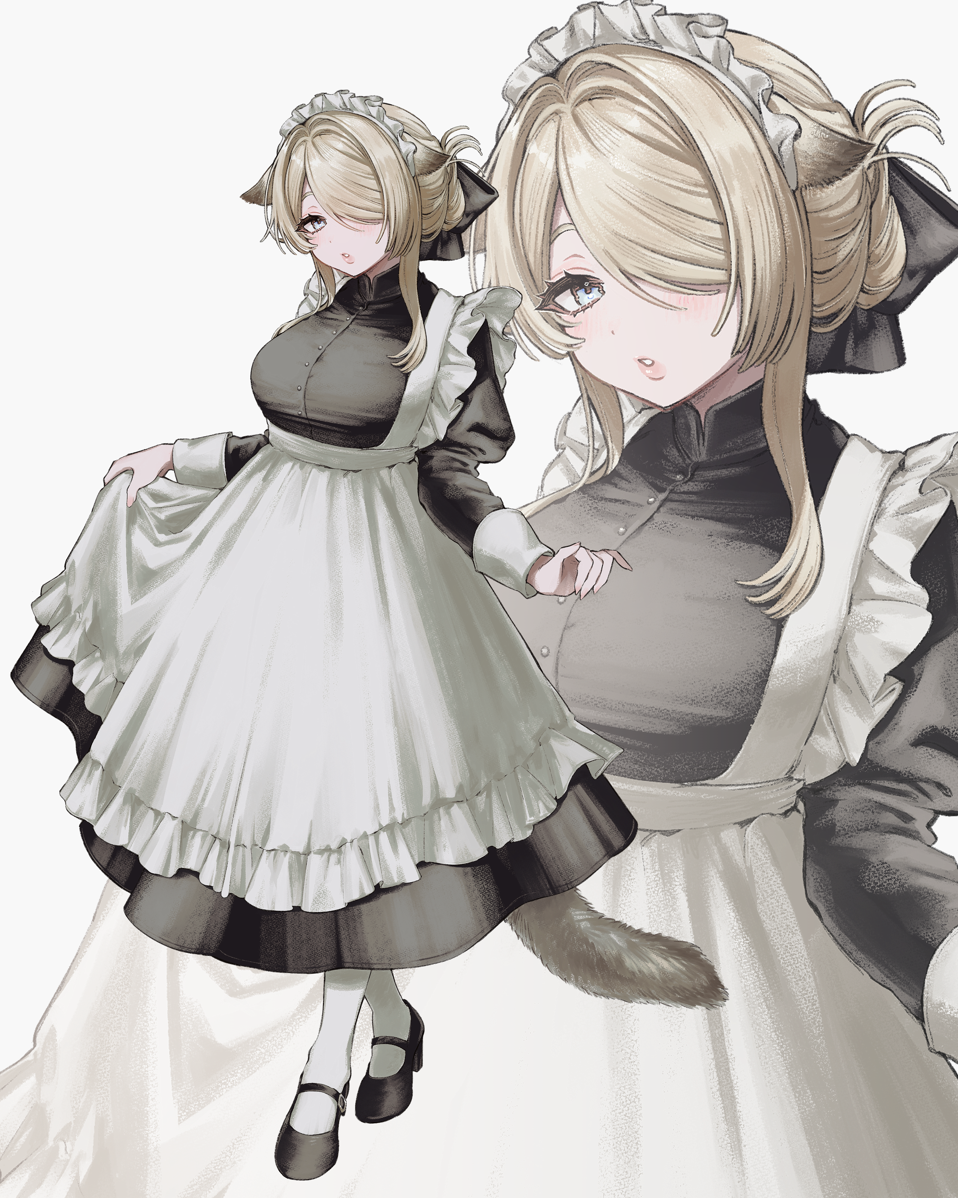 mesiellar, original, absurdres, commentary request, highres, 1girl, animal ears, apron, black bow, black dress, black shoes, blonde hair, blue eyes, bow, breasts, buttons, cat ears, cat girl, cat tail, crossed legs, dress, frilled apron, frills, full body, hair bow, hair bun, hair intakes, hair over one eye, hair over shoulder, head tilt, high collar, juliet sleeves, large breasts, lips, long dress, long hair, long sidelocks, long sleeves, looking at viewer, maid, maid apron, maid headdress, mary janes, pantyhose, puffy sleeves, shoes, sidelocks, simple background, skirt hold, solo, standing, tail, white background, white pantyhose, zoom layer