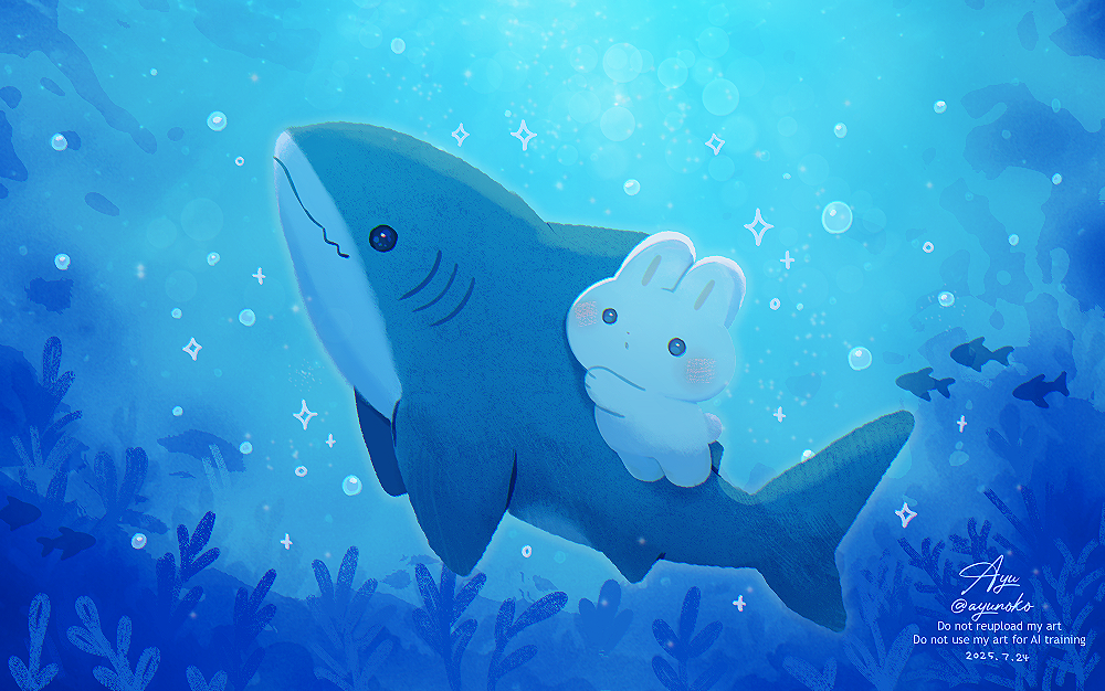 ayu (mog), original, commentary, commentary request, english commentary, mixed-language commentary, air bubble, animal focus, bubble, dated, no humans, rabbit, shark, signature, sparkle, underwater, watermark