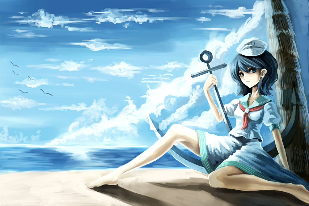 parsley-f, murasa minamitsu, touhou, bad id, bad pixiv id, 1girl, anchor, barefoot, black hair, blue eyes, female focus, hat, outdoors, sailor, sailor collar, sailor hat, short hair, sky, solo
