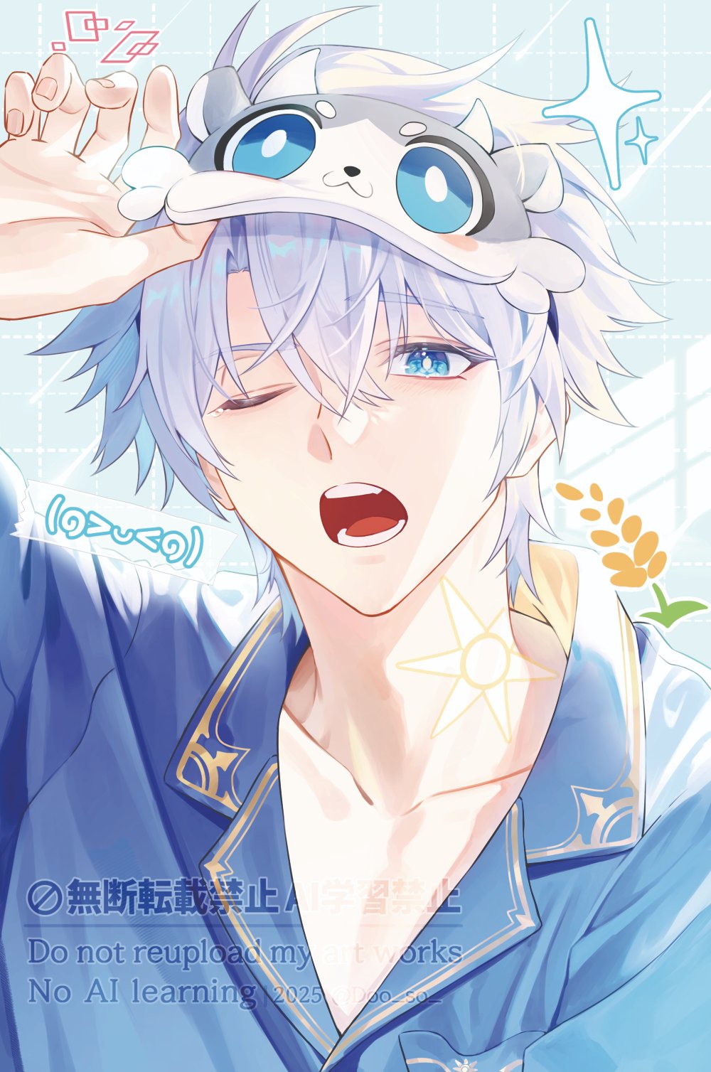 phainon (honkai: star rail), honkai: star rail, honkai (series), hashtag-only commentary, highres, 1boy, blindfold, blue eyes, blue pajamas, doo so, hair between eyes, male focus, neck tattoo, one eye closed, open mouth, pajamas, short hair, solo, tattoo, white hair