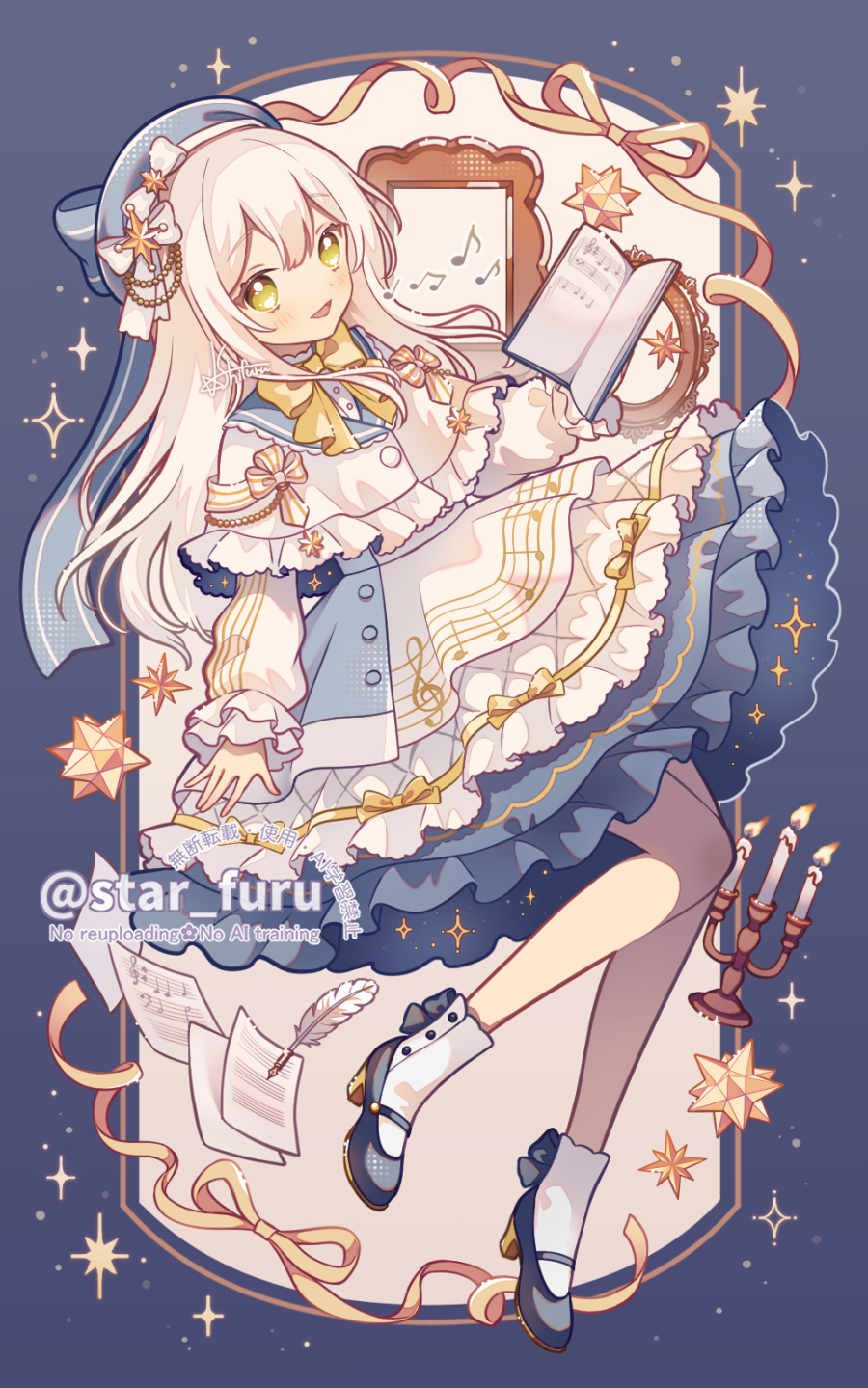 hoshifuru akiyo, original, commentary request, commission, highres, skeb commission, 1girl, blonde hair, blue dress, blue hat, blue sailor collar, blue shoes, blush, book, bow, bowtie, candle, capelet, double-parted bangs, dress, full body, green eyes, hat, high heels, holding, holding book, long hair, long sleeves, looking at viewer, musical staff, open book, open mouth, sailor collar, shoes, smile, socks, solo, treble clef, twitter username, watermark, white capelet, white socks, yellow bow, yellow bowtie