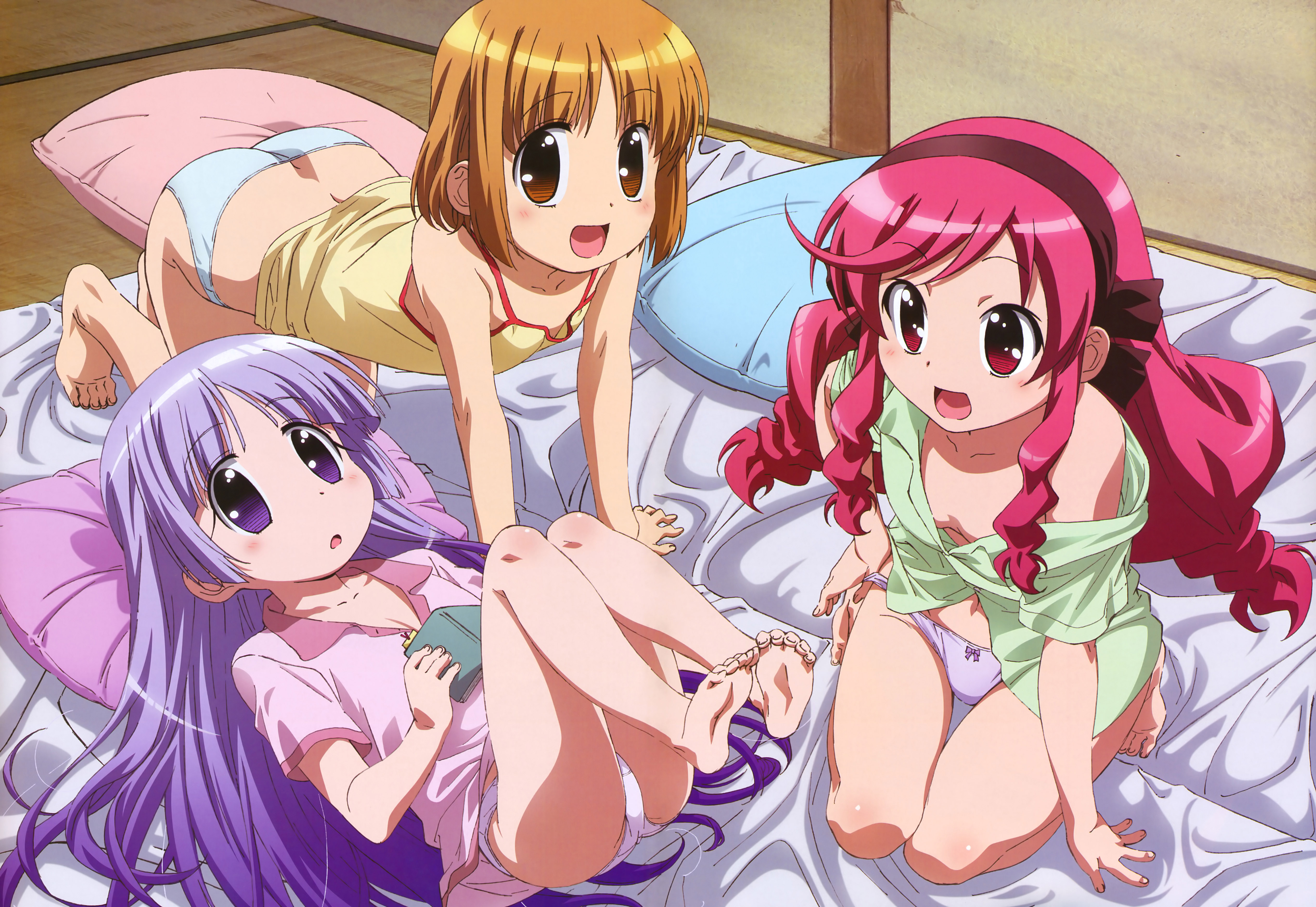 amano saki, kujiin mika, nakamachi kana, kanamemo, nyantype, absurdres, artist request, highres, official art, 00s, 3girls, ass, barefoot, blush, brown eyes, brown hair, butt crack, camisole, feet, flat chest, futon, headband, loli, long hair, multiple girls, no bra, no pants, open mouth, pajamas, panties, pantyshot, pillow, purple eyes, purple hair, red eyes, red hair, shirt, short hair, underwear, very long hair