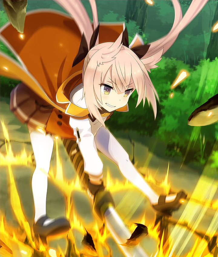 mashiko kaoru, toji no miko, toji no miko: kizamishi issen no tomoshibi, game cg, official art, third-party source, 1girl, attack, black bow, black gloves, black shoes, blush, bow, brown dress, brown skirt, bush, buttons, cracking ground, day, debris, dot nose, double-parted bangs, dress, fingerless gloves, gloves, grin, hair bow, hair horns, holding, holding sword, holding weapon, huge weapon, katana, long hair, long sleeves, midair, motion blur, outdoors, outstretched legs, pink hair, shoes, skirt, smile, solo, sparks, swinging weapon, sword, thighhighs, twintails, two-handed, weapon, white thighhighs, yellow eyes