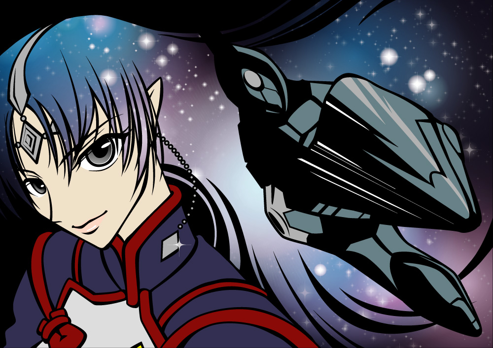 hecha, lafiel, seikai no senki, uniform, 1girl, blue hair, earrings, female focus, jewelry, long hair, pointy ears, ship, smile, solo, space, spacecraft, watercraft