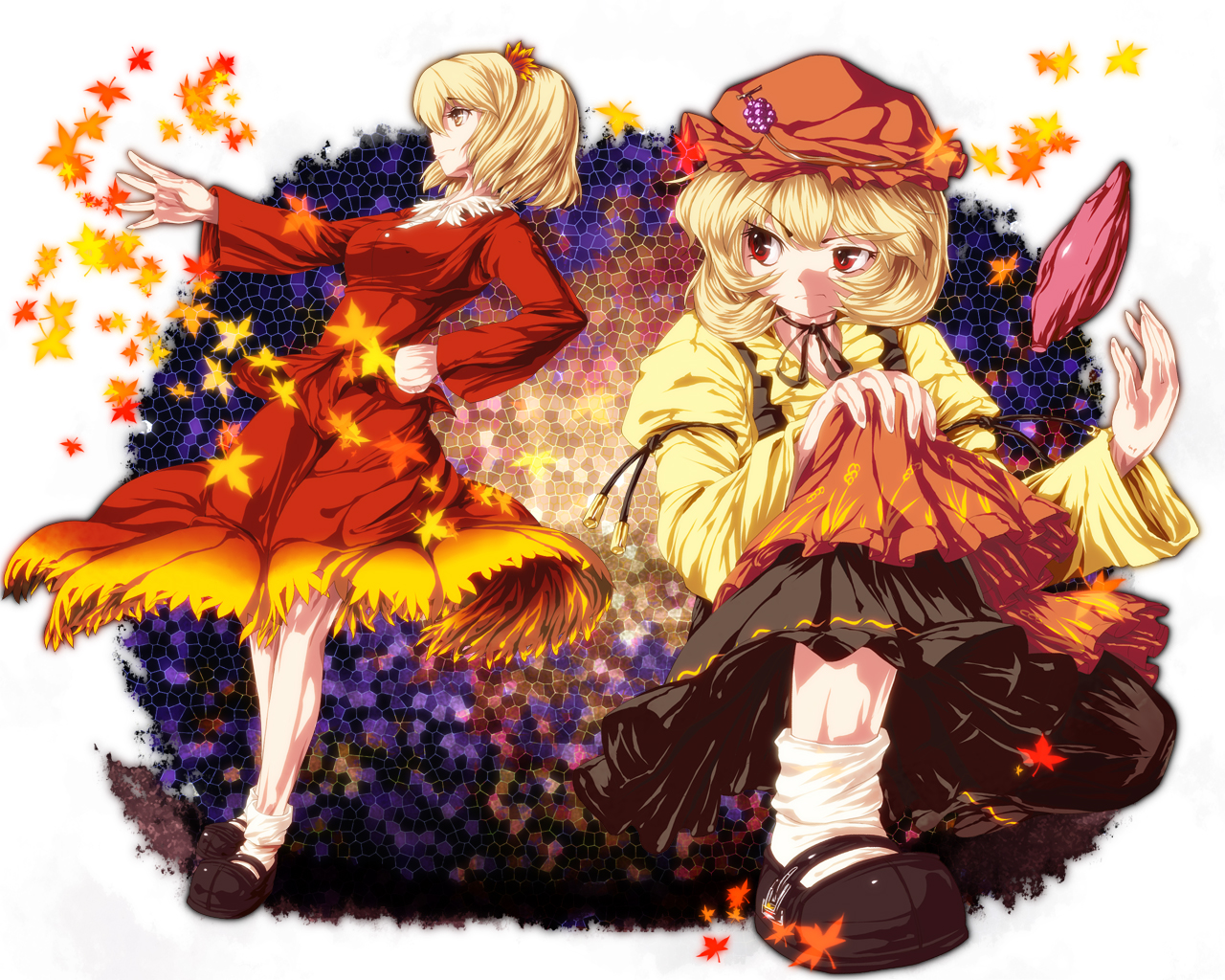 sakimori dan, aki minoriko, aki shizuha, touhou, 2girls, blonde hair, female focus, hat, leaf, maple leaf, multiple girls, red eyes, short hair, siblings, sisters, yellow eyes