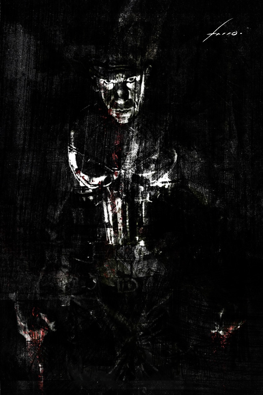 viktor farro, the punisher (character), marvel, real life, the punisher (series), commentary, english commentary, highres, 1boy, abstract background, artist name, black coat, black gloves, black hair, broad shoulders, bullet scar, coat, dark background, gloves, grey background, gun, handgun, holding, holding gun, holding weapon, jon bernthal, looking at viewer, male focus, monochrome, realistic, rifle, shadow, short hair, signature, skull print, solo, weapon, western comics (style)