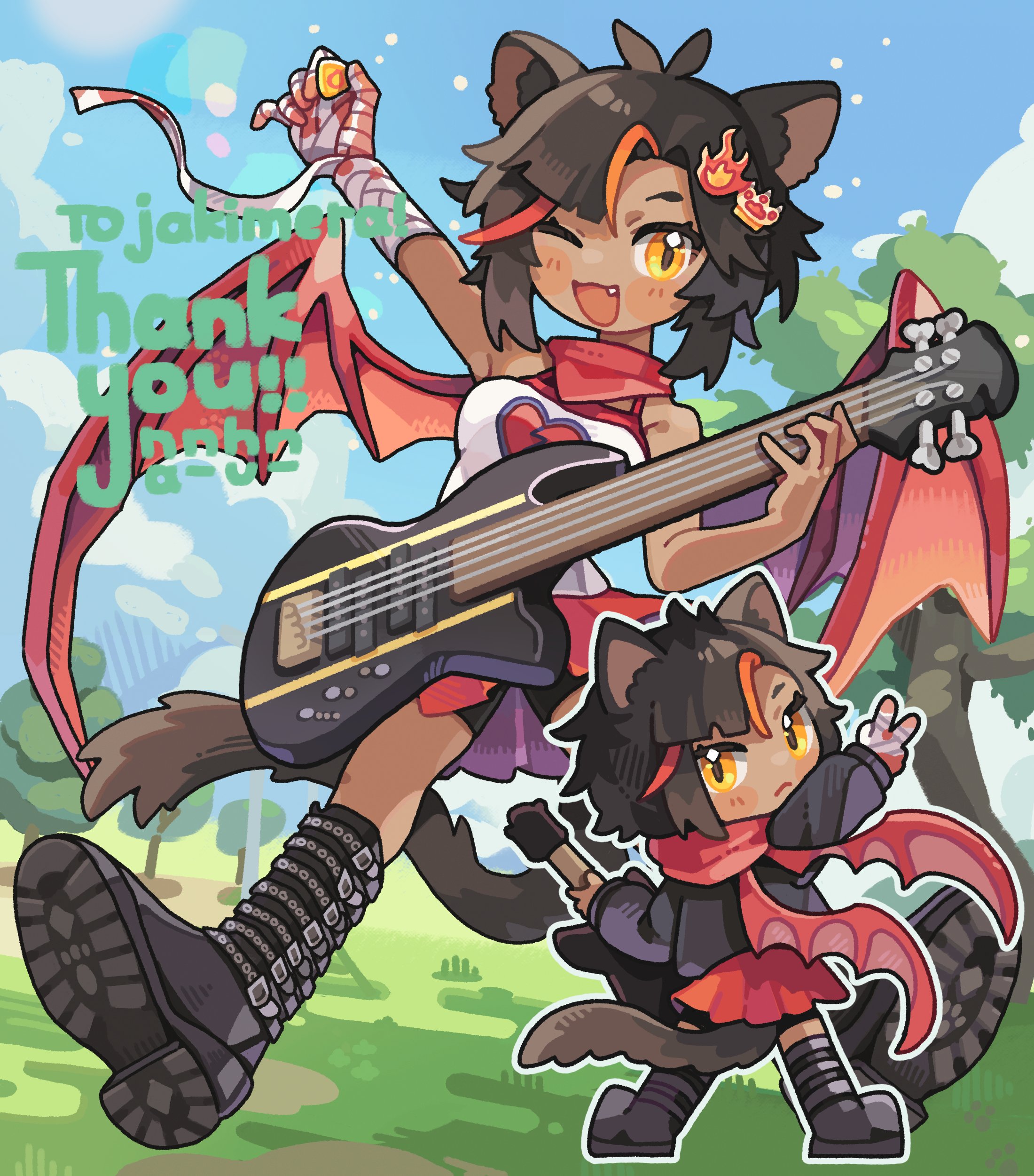 tabunnanhun, original, absurdres, commentary request, commission, highres, skeb commission, 1girl, ;3, ;d, animal ears, bandaged arm, bandages, bare shoulders, bike shorts, bike shorts under skirt, black boots, black hair, blush stickers, boots, borrowed character, cat ears, cat girl, cat tail, chibi, closed mouth, commissioner name, dark-skinned female, dark skin, day, fang, full body, guitar, holding, holding guitar, holding instrument, holding plectrum, instrument, knee boots, looking at viewer, multicolored hair, multiple views, one eye closed, open mouth, orange hair, outdoors, outline, parted bangs, pleated skirt, plectrum, red skirt, red wings, shirt, short hair, signature, skirt, sleeveless, sleeveless shirt, smile, streaked hair, tail, thank you, tree, two-tone hair, white outline, white shirt, wings, yellow eyes
