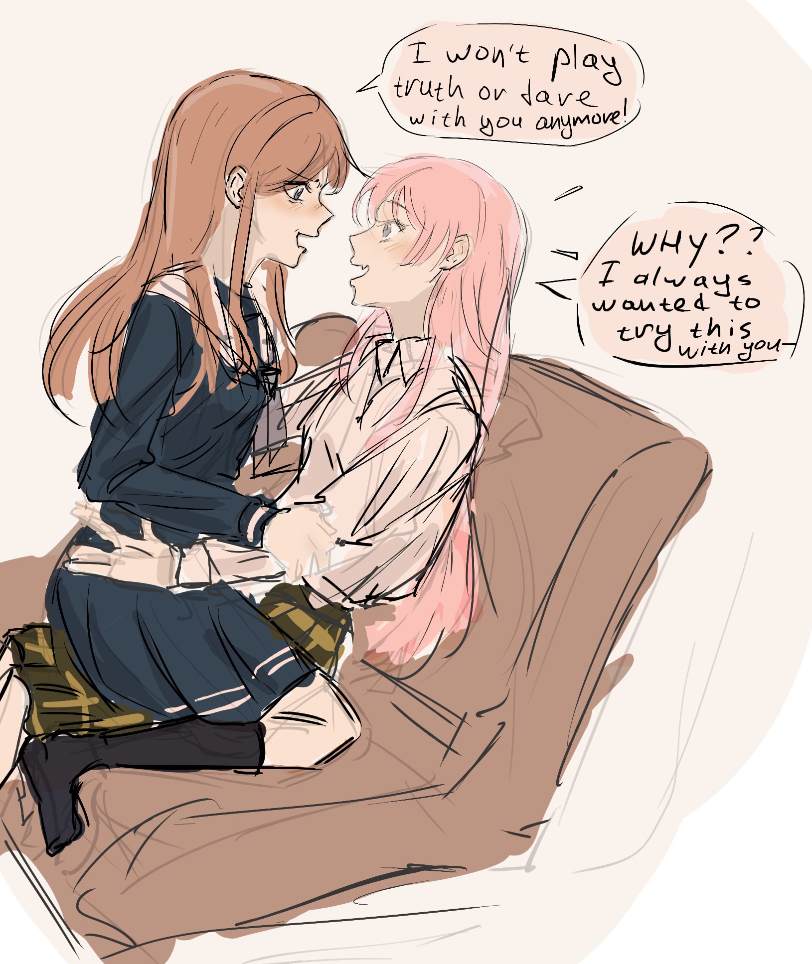 neionzero, chihaya anon, nagasaki soyo, bang dream!, bang dream! it's mygo!!!!!, commentary, english commentary, highres, 2girls, black socks, blue shirt, blue skirt, brown hair, embarrassed, english text, eye contact, fang, haneoka school uniform, kneehighs, long hair, looking at another, multiple girls, no shoes, open mouth, pink hair, pleated skirt, school uniform, shirt, simple background, sitting, sitting on lap, sitting on person, sketch, skin fang, skirt, socks, tsukinomori school uniform, white background, white shirt, yuri