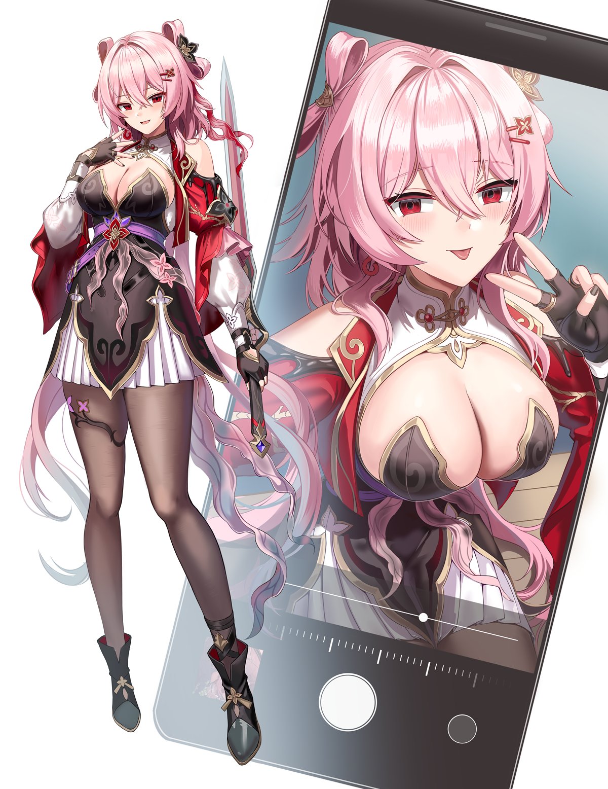 silence girl, evernight (honkai: star rail), march 7th (honkai: star rail), march 7th (hunt) (honkai: star rail), honkai: star rail, honkai (series), hashtag-only commentary, highres, 1girl, alternate breast size (larger), bare shoulders, black boots, black gloves, black pantyhose, boots, breasts, china dress, chinese clothes, cleavage, closed mouth, dress, fingerless gloves, full body, gloves, hair between eyes, holding, holding sword, holding weapon, large breasts, long hair, long sleeves, looking at viewer, open mouth, pantyhose, pink hair, red eyes, simple background, solo, standing, sword, tongue, tongue out, v, very long hair, weapon, white background