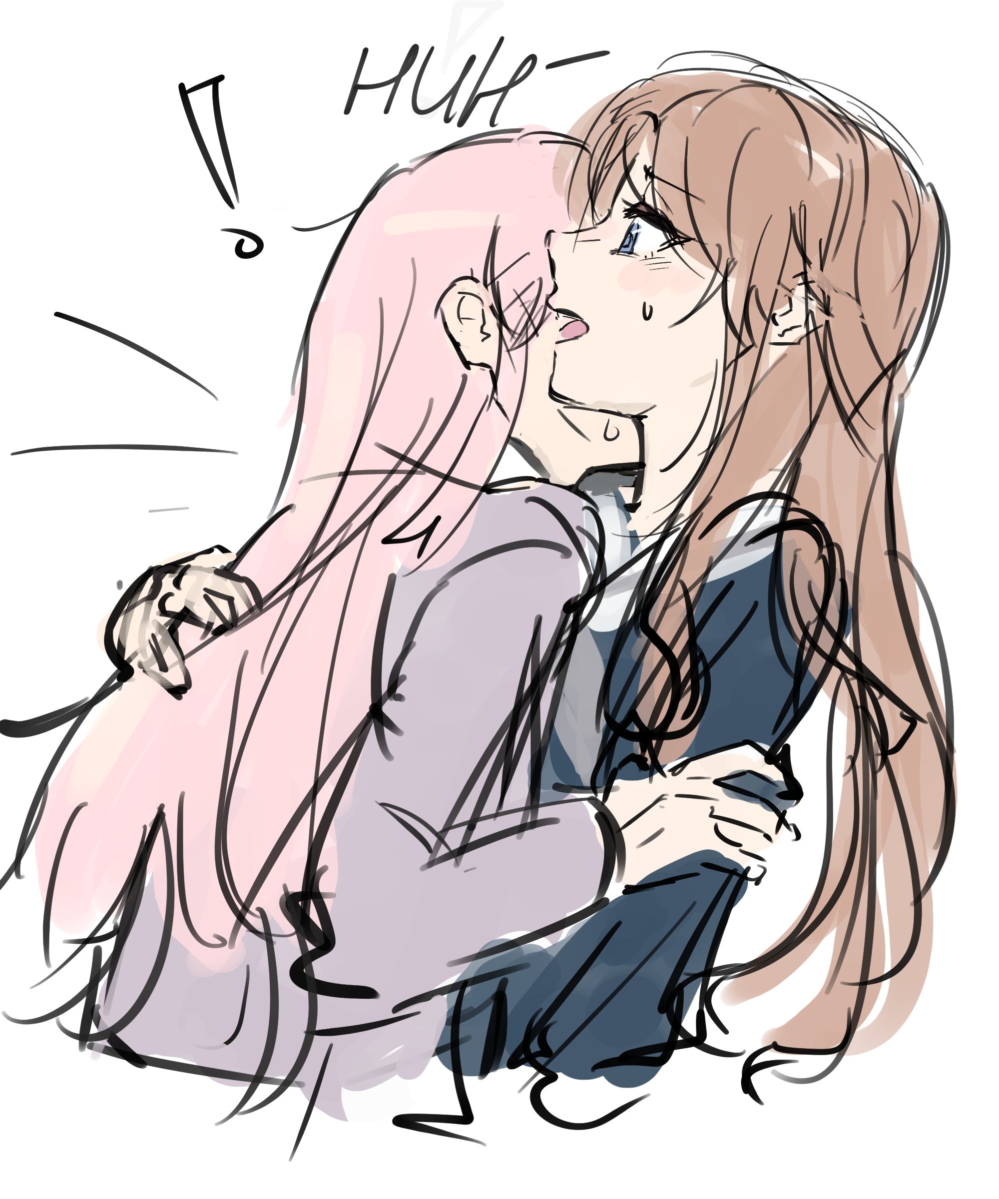 neionzero, chihaya anon, nagasaki soyo, bang dream!, bang dream! it's mygo!!!!!, absurdres, commentary, highres, 2girls, blue eyes, brown hair, haneoka school uniform, hug, long hair, multiple girls, open mouth, pink hair, school uniform, sidelocks, simple background, sweatdrop, tsukinomori school uniform, white background, yuri