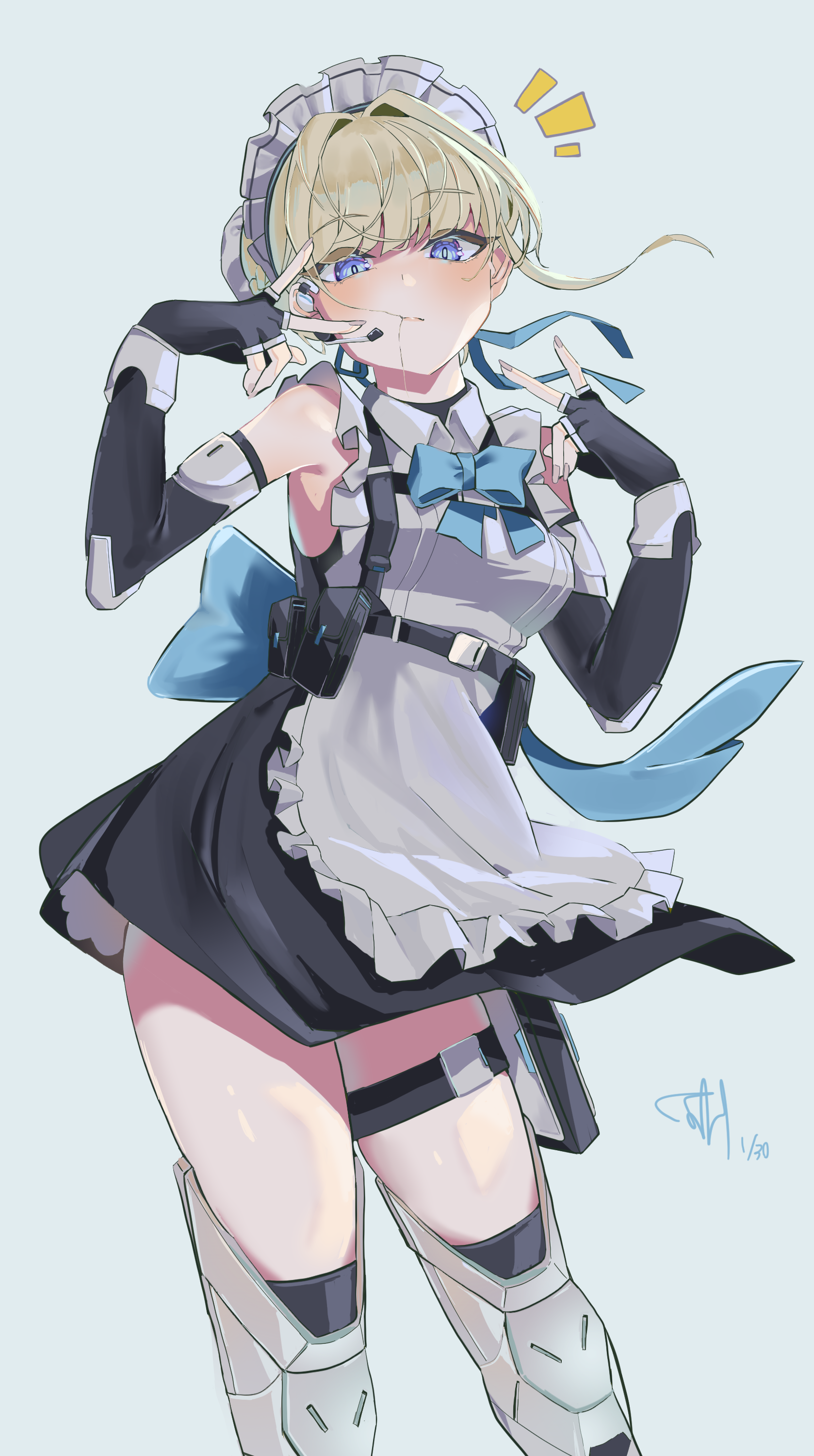 syuje, toki (blue archive), blue archive, absurdres, commentary request, highres, korean commentary, apron, black dress, black gloves, blonde hair, blue bow, blue eyes, blush, bow, bowtie, closed mouth, double v, dress, elbow gloves, fingerless gloves, gloves, grey background, hair in own mouth, looking at viewer, maid, maid apron, maid headdress, no halo, simple background, standing, v, white apron