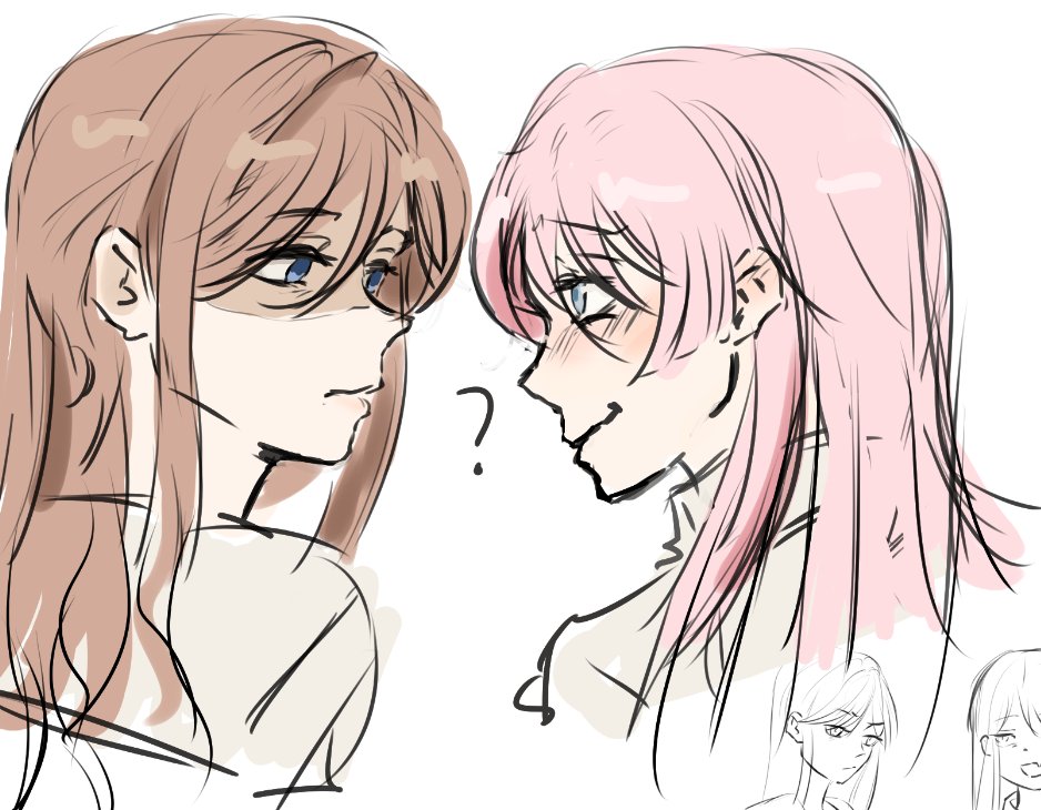 neionzero, chihaya anon, nagasaki soyo, bang dream!, bang dream! it's mygo!!!!!, 2girls, blue eyes, brown hair, grey eyes, long hair, looking at another, multiple girls, pink hair, sidelocks, simple background, sketch, white background