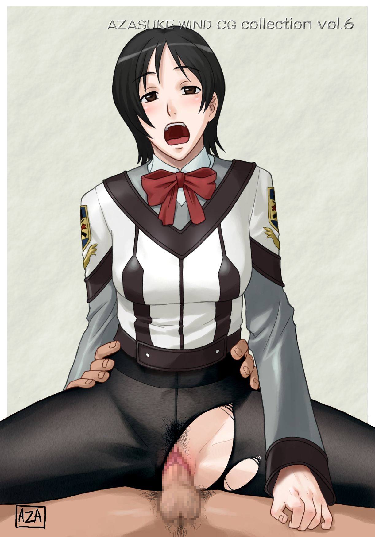 azasuke, hara motoko, gunparade march, torn legwear, highres, 00s, 1girl, censored, girl on top, no panties, open mouth, pantyhose, reverse cowgirl position, sex, short hair, straddling, torn clothes, vaginal