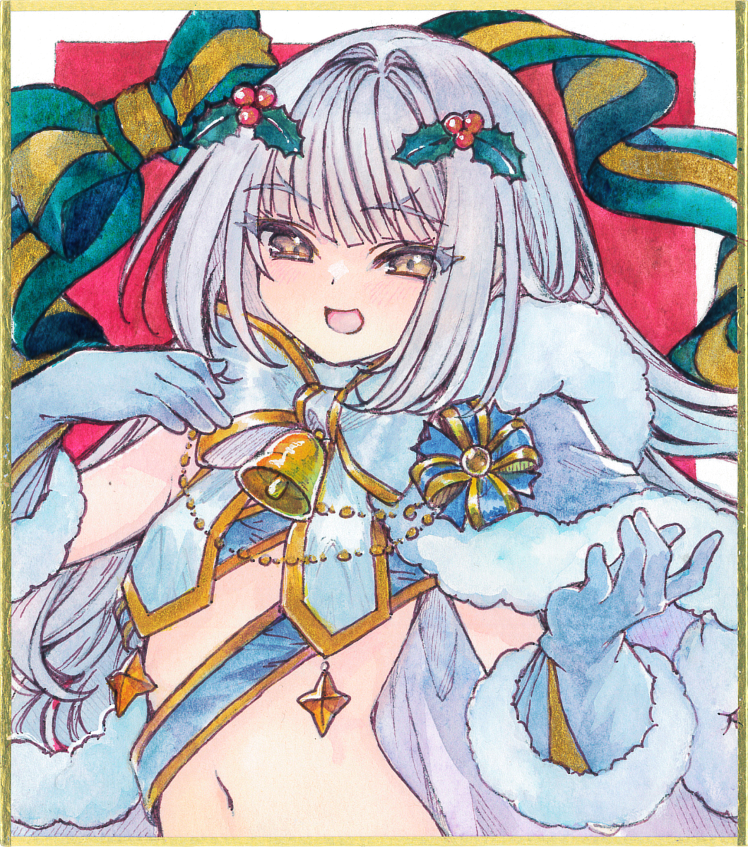 chikinan tarou, melusine (fate), fate/grand order, fate (series), commentary request, highres, painting (medium), traditional media, watercolor (medium), 1girl, bell, blue cloak, blue gloves, blush, bow, breast curtains, breasts, cloak, elbow gloves, forked eyebrows, fur-trimmed cloak, fur trim, gloves, gold trim, jingle bell, long hair, looking at viewer, navel, open mouth, ribbon, small breasts, smile, solo, white hair, yellow eyes
