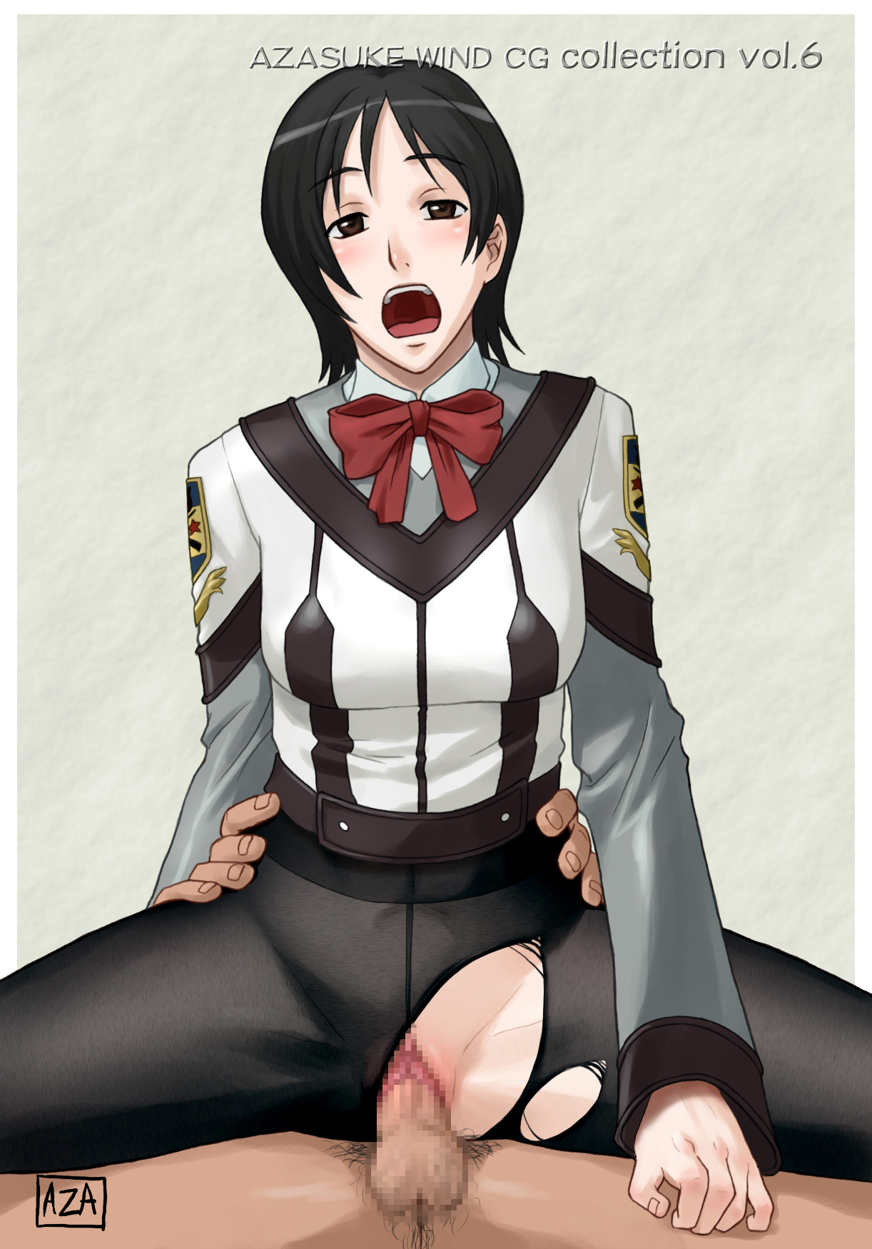 azasuke, hara motoko, gunparade march, torn legwear, highres, 00s, 1girl, censored, girl on top, no panties, open mouth, pantyhose, reverse cowgirl position, sex, short hair, straddling, torn clothes, vaginal