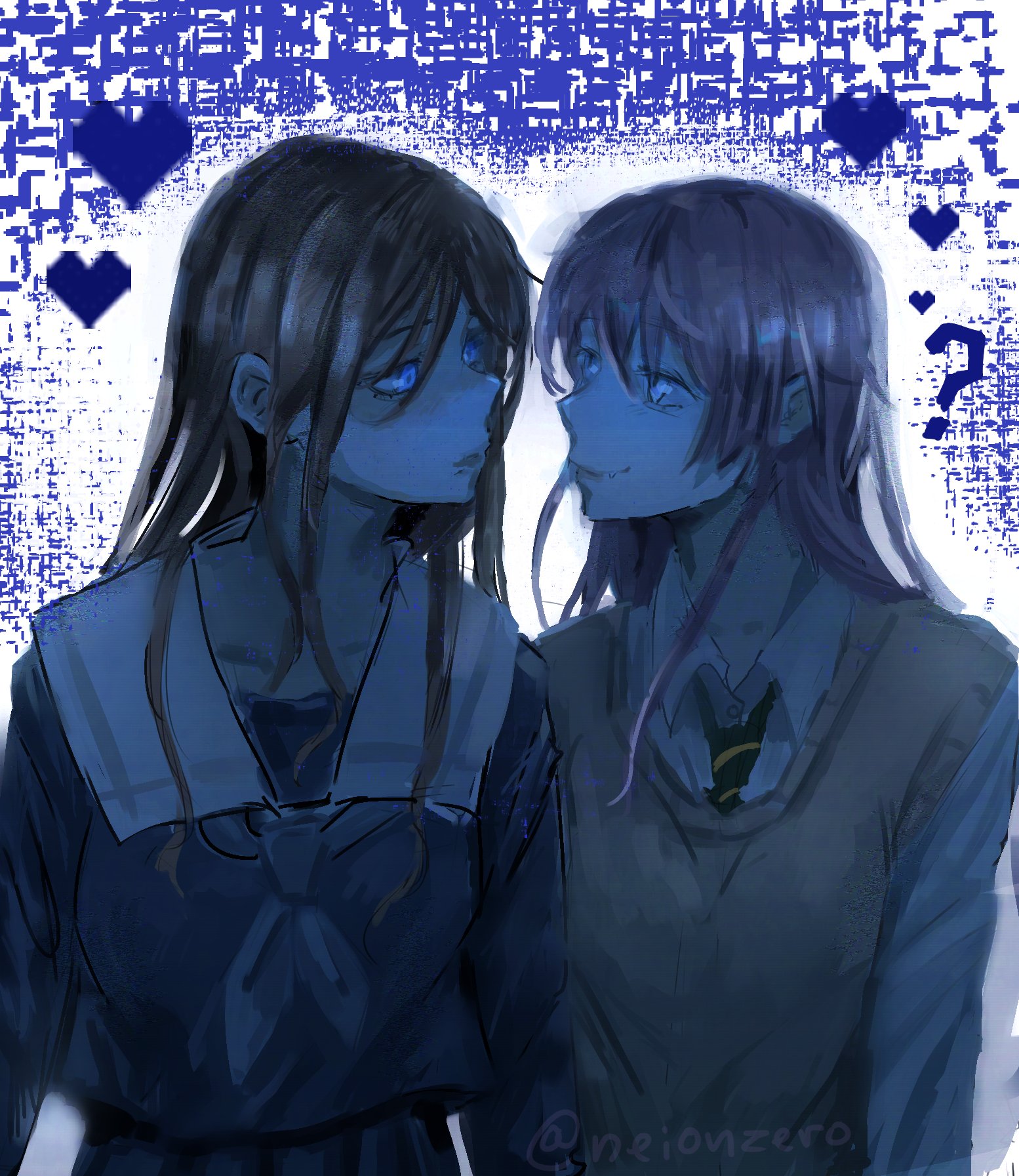 neionzero, chihaya anon, nagasaki soyo, bang dream!, bang dream! it's mygo!!!!!, commentary, english commentary, highres, 2girls, blue eyes, blue shirt, brown hair, brown sweater vest, closed mouth, collared shirt, dress shirt, fang, haneoka school uniform, heart, long hair, looking at another, multiple girls, pink hair, school uniform, shirt, sidelocks, simple background, sweater vest, white background, white shirt