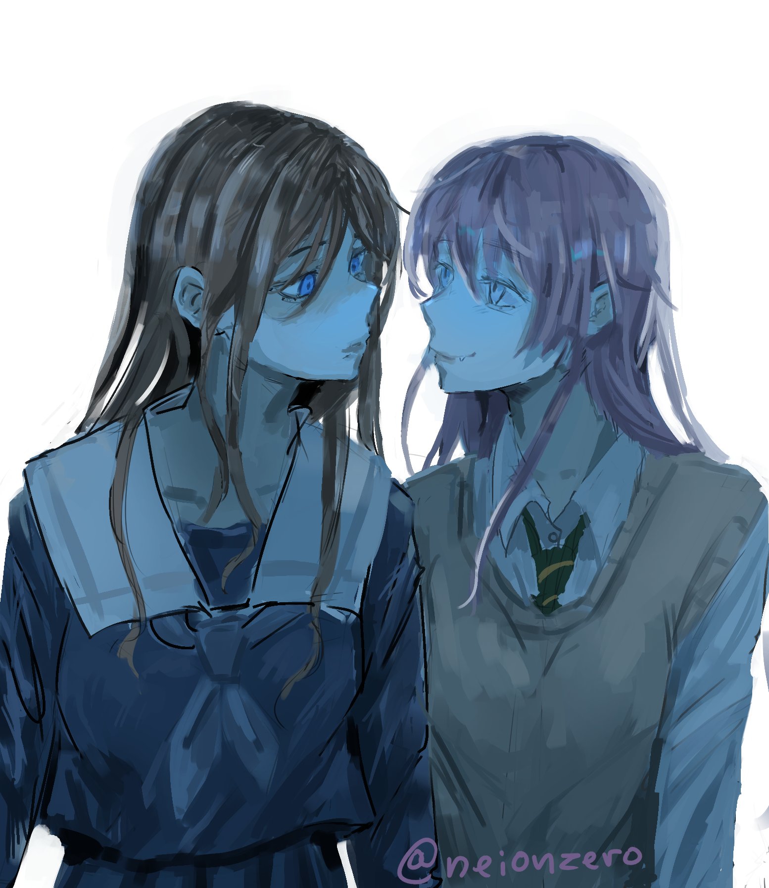 neionzero, chihaya anon, nagasaki soyo, bang dream!, bang dream! it's mygo!!!!!, commentary, english commentary, highres, 2girls, blue eyes, blue shirt, brown hair, brown sweater vest, closed mouth, collared shirt, dress shirt, fang, haneoka school uniform, long hair, looking at another, multiple girls, pink hair, school uniform, shirt, sidelocks, simple background, sweater vest, white background, white shirt