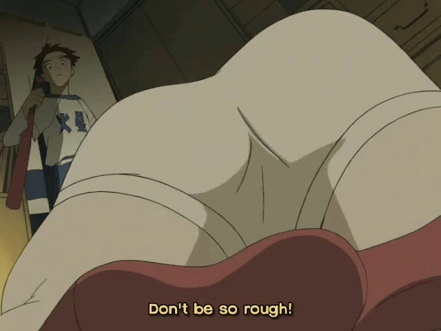 haruhara haruko, nandaba naota, flcl, animated, animated gif, 1boy, 1girl, ass, ass focus, ass shake, baseball bat, cameltoe, huge ass, red socks, shirt, short shorts, shorts, socks, thick thighs, thighs, white shorts