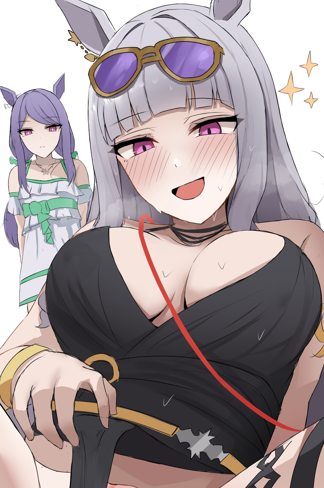 namikare, gold ship (run revolt launcher) (umamusume), gold ship (umamusume), mejiro mcqueen (umamusume), umamusume, highres, 2girls, animal ears, blush, breasts, cleavage, clitoris, earrings, expressionless, eyewear on head, grey hair, horse ears, horse girl, horse tail, implied masturbation, jewelry, long hair, multiple girls, necklace, official alternate costume, one-piece swimsuit, open mouth, purple-tinted eyewear, purple eyes, purple hair, smile, spread legs, star (symbol), sunglasses, sweat, swimsuit, tail, tinted eyewear, white background