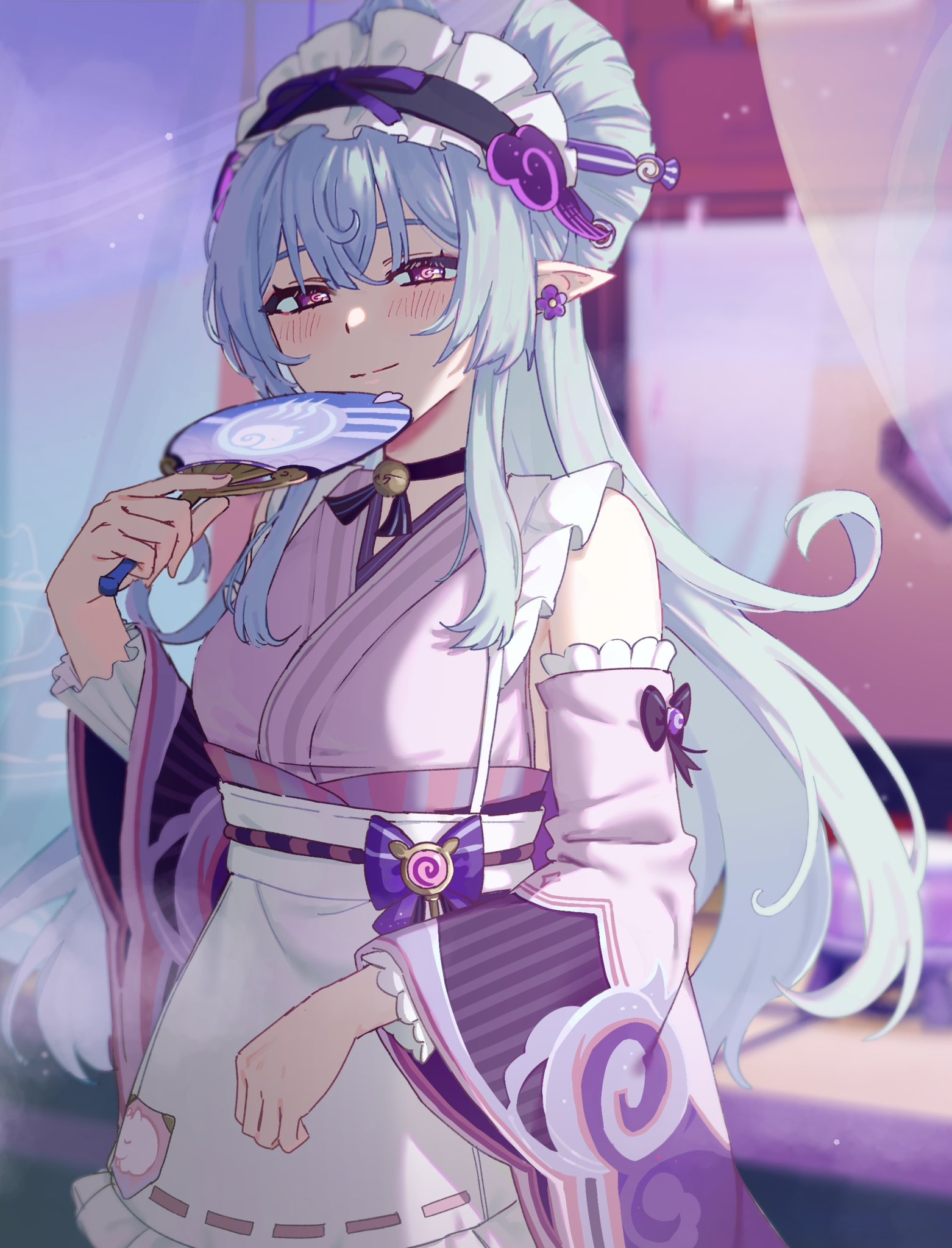 nijikun, yumemizuki mizuki, genshin impact, hashtag-only commentary, highres, 1girl, apron, black choker, blue hair, blurry, blurry background, blush, breasts, choker, detached sleeves, frilled hairband, frills, hair between eyes, hairband, hand fan, holding, japanese clothes, kimono, long hair, looking at viewer, medium breasts, nihongami, pointy ears, purple eyes, purple kimono, sleeveless, sleeveless kimono, solo, very long hair, waist apron, wide sleeves