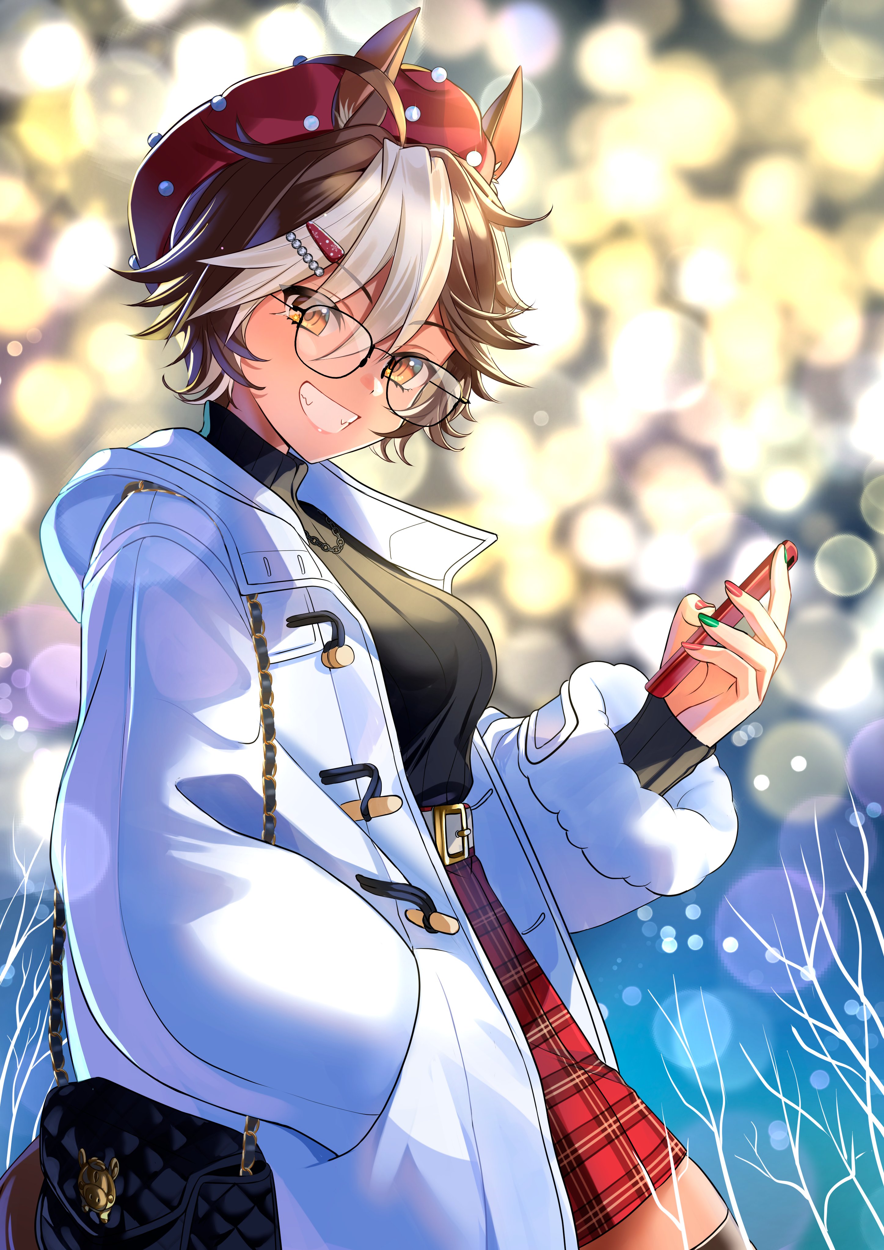 momone cco, tomoe umari, indie virtual youtuber, absurdres, highres, second-party source, 1girl, ahoge, alternate costume, animal ears, bag, black bag, black shirt, breasts, brown eyes, brown hair, coat, glasses, green nails, hand in pocket, handbag, hat, holding, horse ears, horse girl, horse tail, long sleeves, multicolored nails, open clothes, open coat, plaid clothes, plaid skirt, red hat, red nails, red skirt, shirt, skirt, smile, solo, tail, turtleneck, turtleneck shirt, two-tone nails, virtual youtuber, white coat, white hair