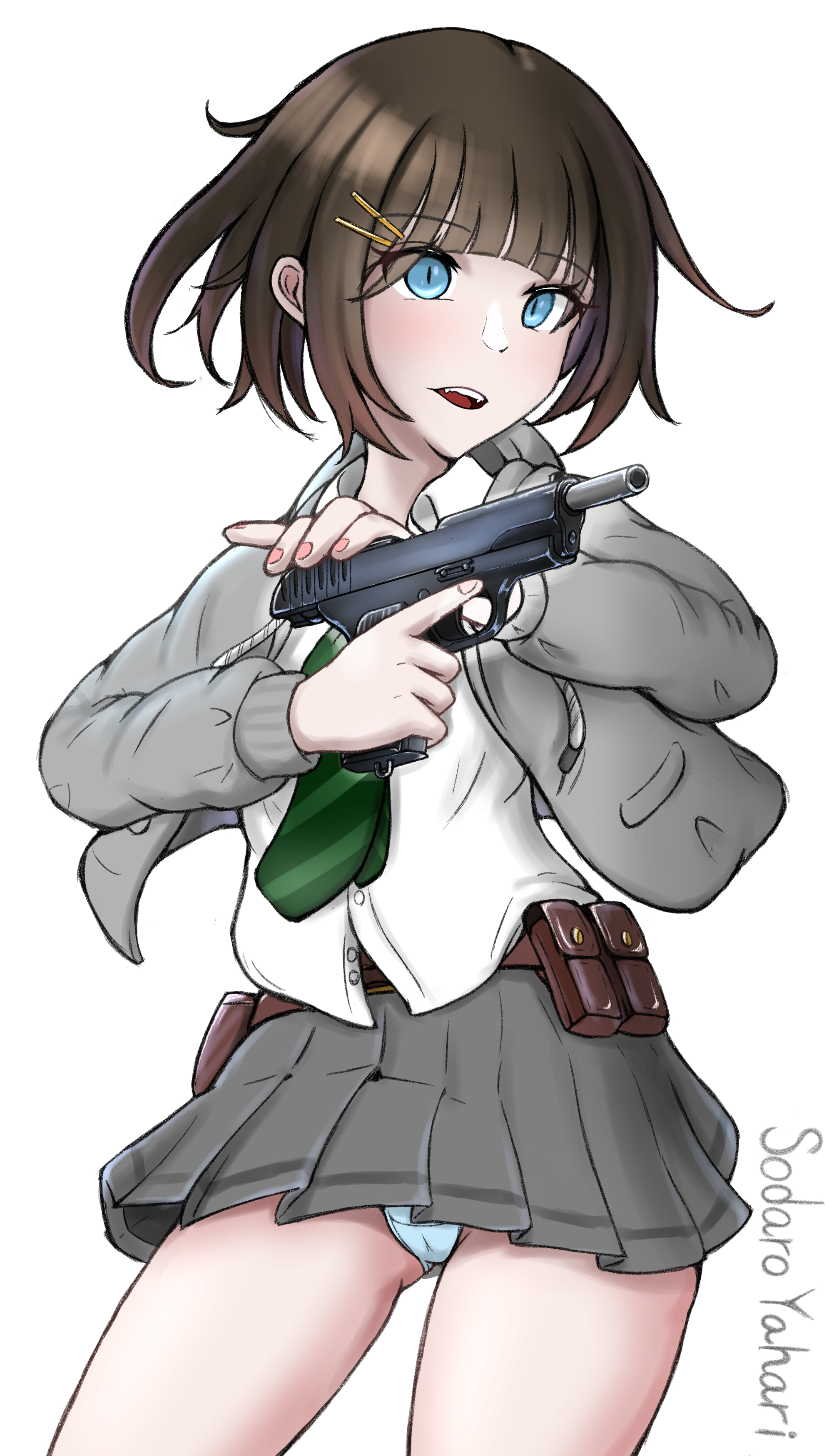 original, absurdres, commentary, highres, 1girl, ammunition pouch, aqua panties, artist name, belt, belt pouch, black hair, blue eyes, brown belt, cocking gun, collared shirt, cowboy shot, diagonal-striped clothes, diagonal-striped necktie, drawstring, fingernails, green necktie, grey jacket, grey skirt, gun, hair ornament, hairclip, handgun, jacket, long sleeves, looking to the side, necktie, open clothes, open jacket, open mouth, panties, pantyshot, pink nails, pleated skirt, pocket, pouch, school uniform, shirt, short hair, simple background, skirt, solo, striped clothes, teeth, tokarev tt-33, trigger discipline, underwear, untucked shirt, upper teeth only, weapon, white background, white shirt, yahari soutaro