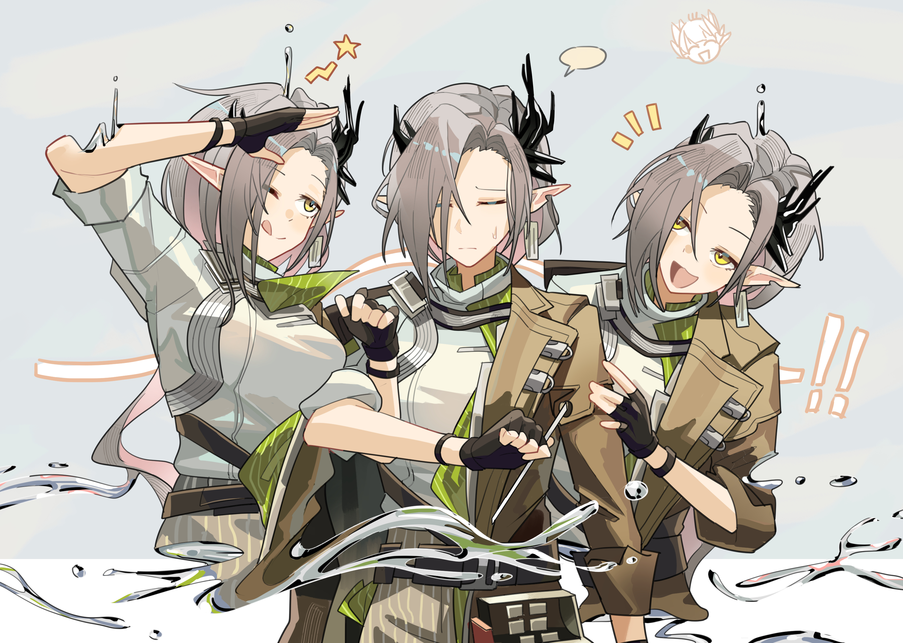 kanshio, muelsyse (arknights), nasti (arknights), arknights, commentary, highres, !, 4girls, ;p, annoyed, black gloves, breasts, brown jacket, clone, closed eyes, colored inner hair, cropped torso, demon horns, fingerless gloves, gloves, grey background, grey hair, horns, jacket, large breasts, long hair, looking at another, multicolored hair, multiple girls, one eye closed, open mouth, pink hair, pointy ears, salute, shirt, smile, star (symbol), tehepero, tongue, tongue out, upper body, water drop, white shirt, yellow eyes