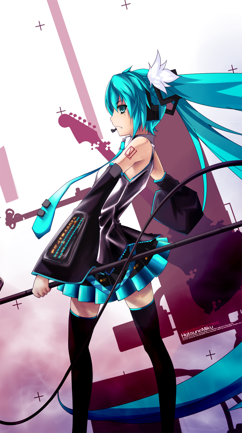 eskimofox, hatsune miku, vocaloid, highres, 1girl, aqua eyes, aqua hair, detached sleeves, female focus, guitar, headphones, headset, instrument, long hair, necktie, skirt, solo, thighhighs, twintails, very long hair, zettai ryouiki